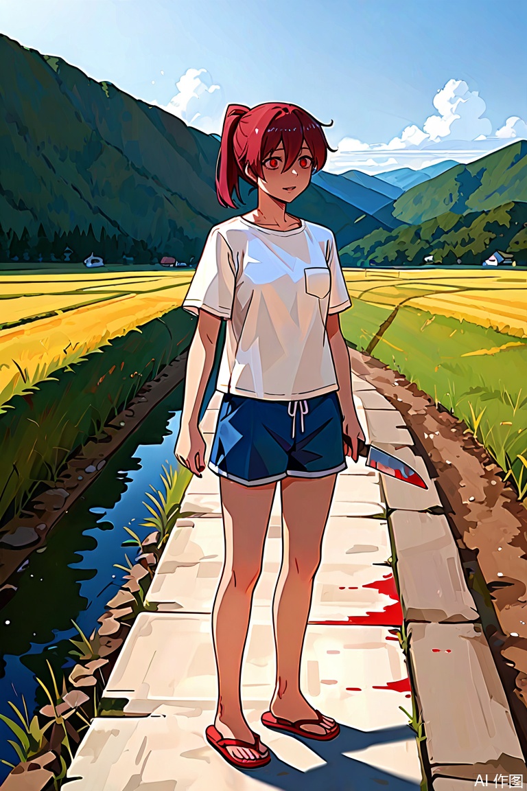 ponytail,su moting,red shoes,1girl,white t-shirt,blue shorts,flip-flops,breast pocket,yandere,landscape,blood on knife,ZD,