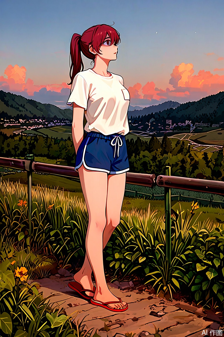 ponytail,su moting,red shoes,1girl,white t-shirt,blue shorts,flip-flops,breast pocket,yandere,landscape,PTYS