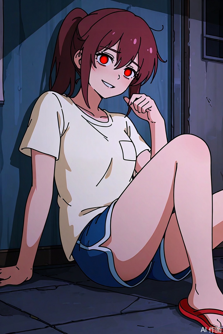ponytail,su moting,red shoes,1girl,white t-shirt,blue shorts,flip-flops,breast pocket,yandere,XPS