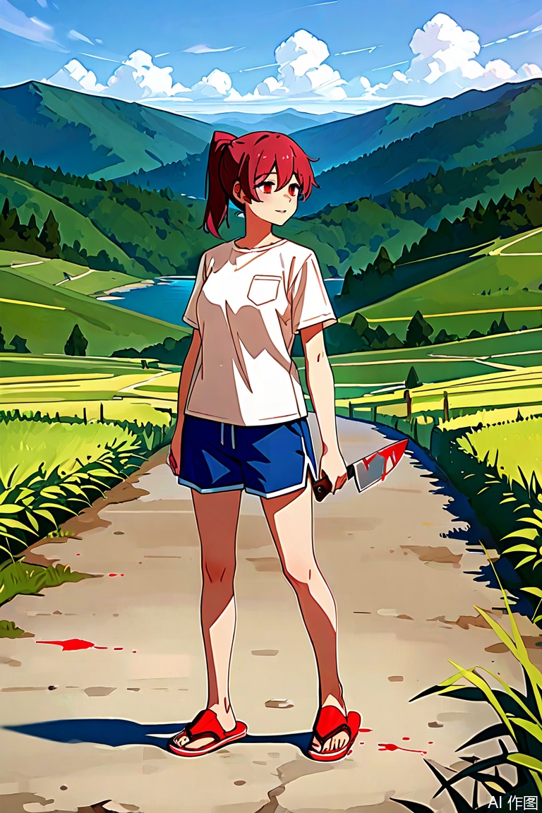 ponytail,su moting,red shoes,1girl,white t-shirt,blue shorts,flip-flops,breast pocket,yandere,landscape,blood on knife,ZD,