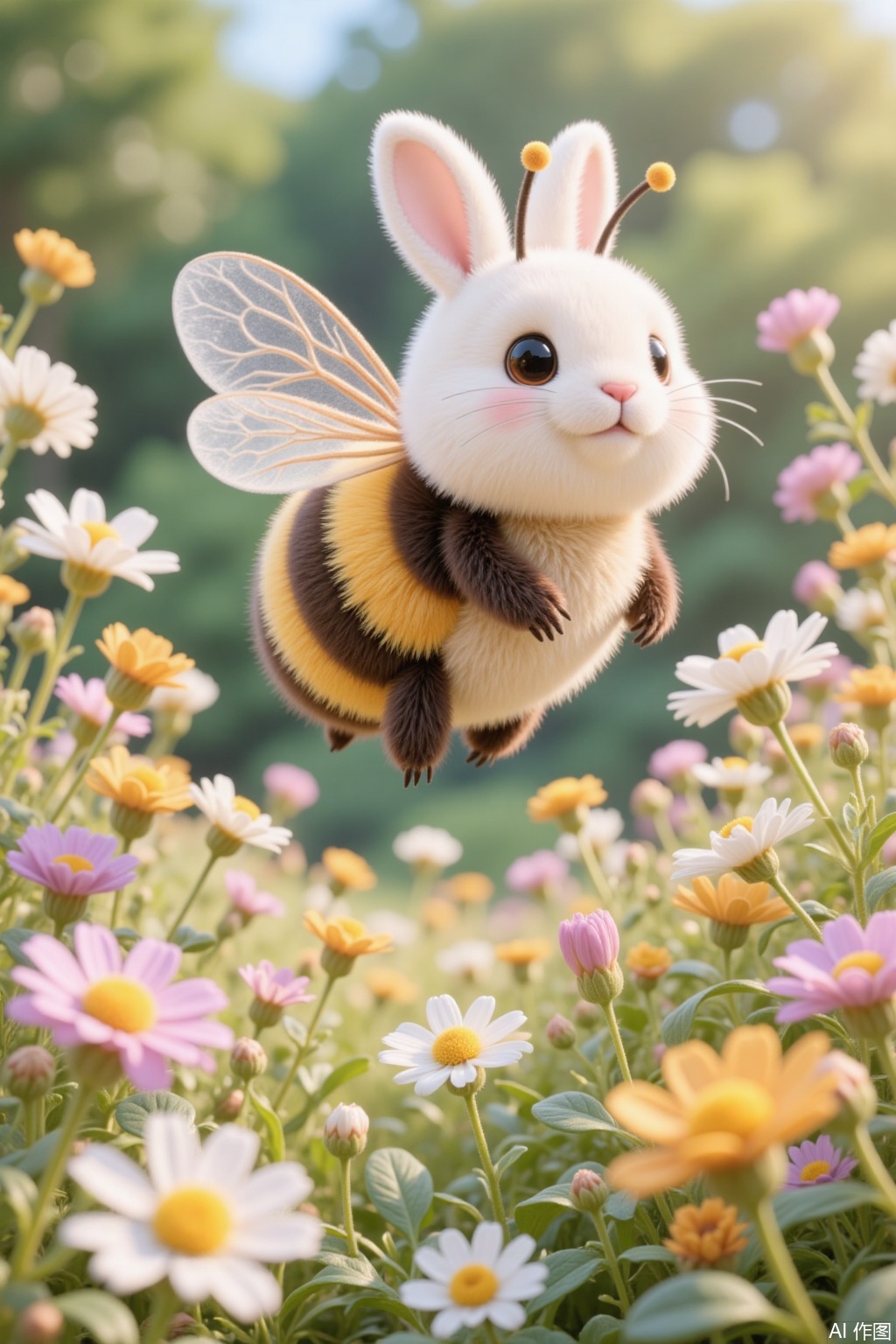 Fantasy creature, Rabbit bee, round body, cute, flying among flowers, bee