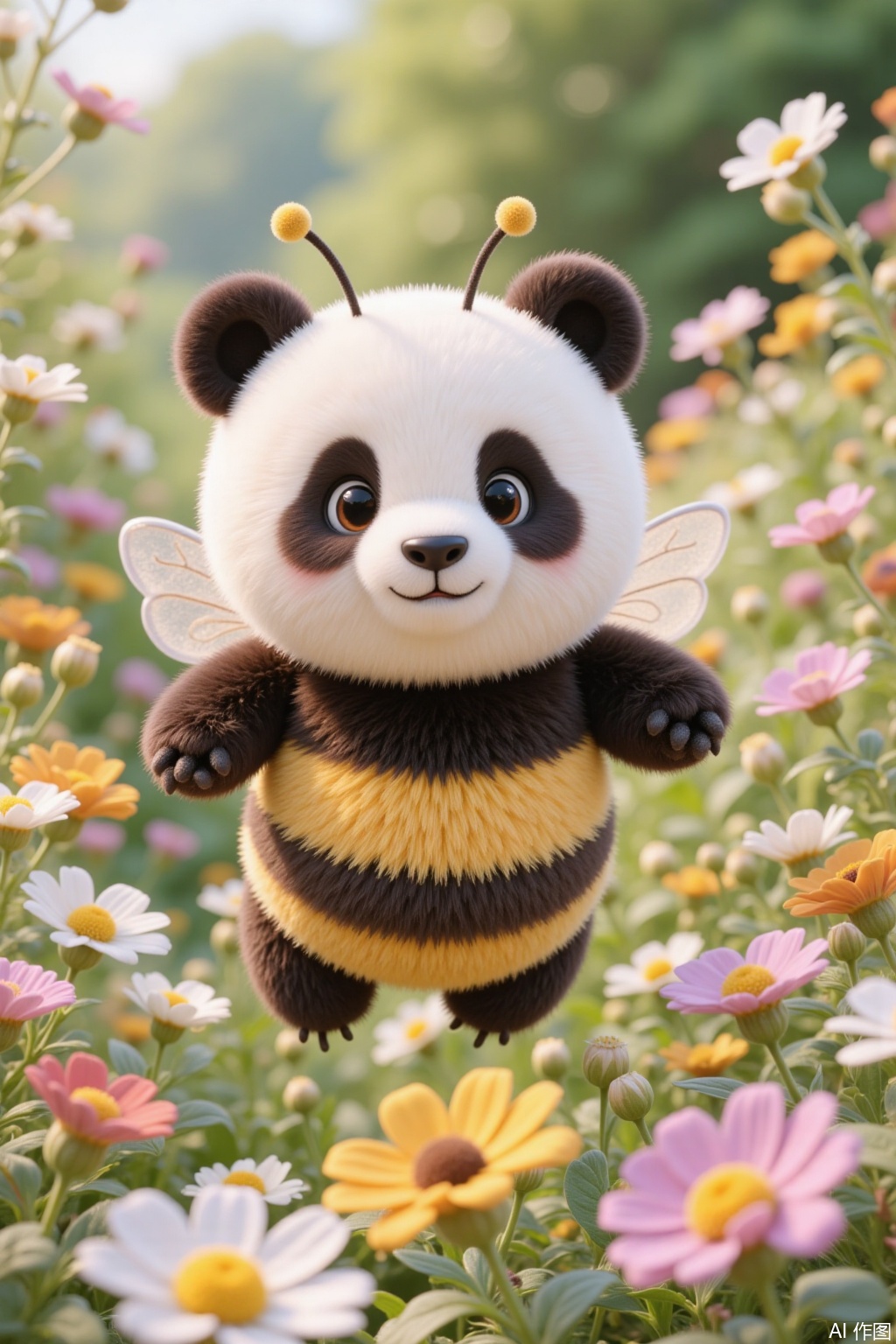 Fantasy creature, panda bee, round body, cute, flying among flowers, bee