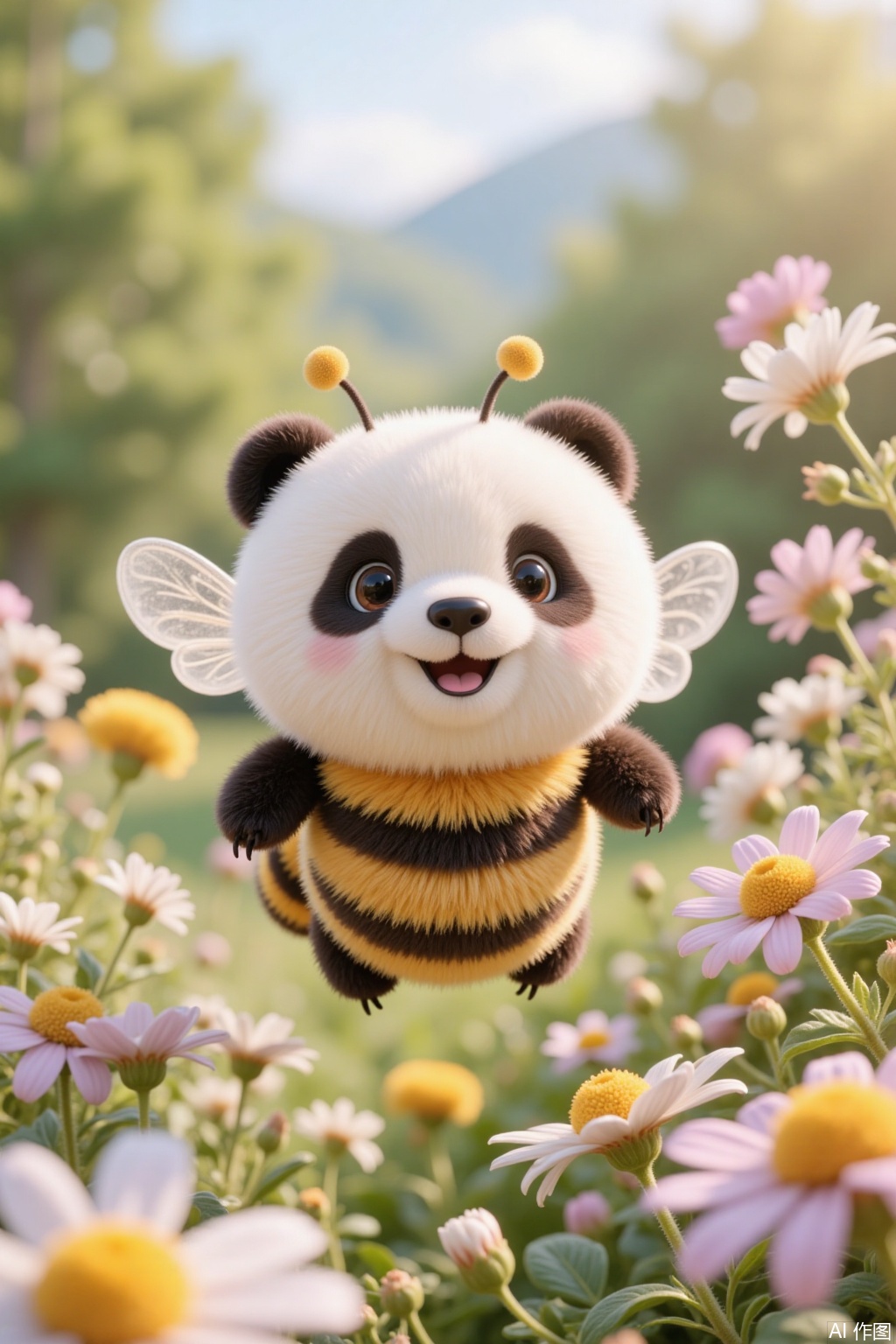 Fantasy creature, panda bee, round body, cute, flying among flowers, bee