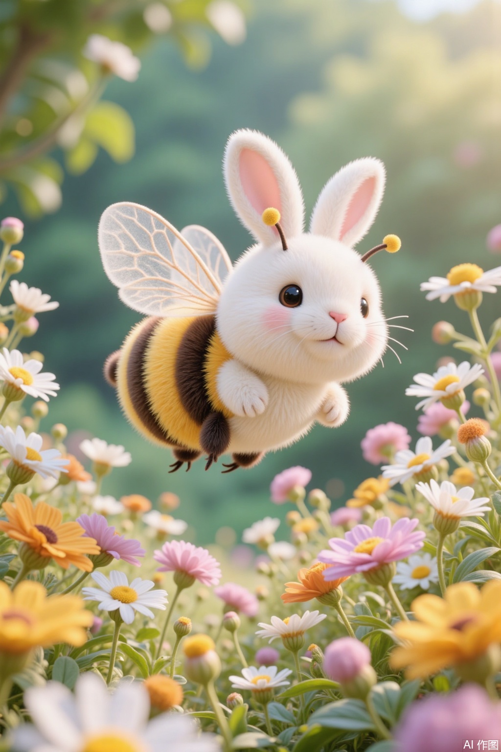 Fantasy creature, Rabbit bee, round body, cute, flying among flowers, bee
