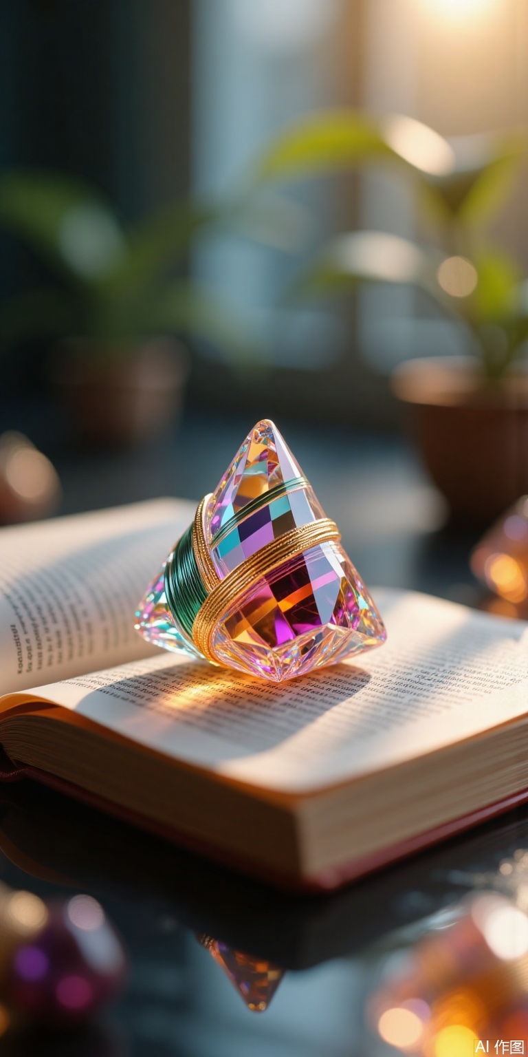 shiny, blurry, book, no humans, depth of field, blurry background, gem, lens flare, crystal, still life