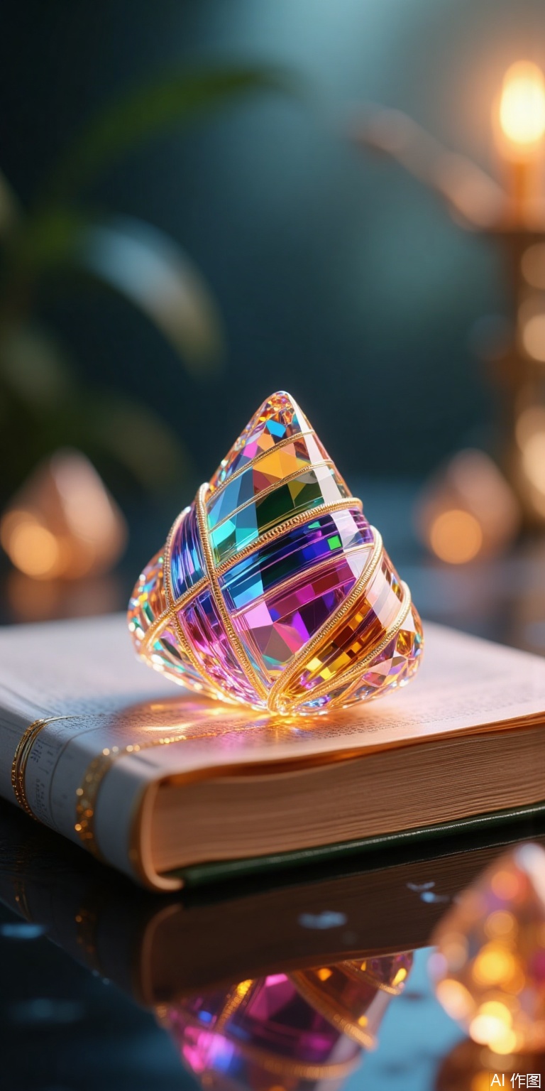 shiny, blurry, book, no humans, depth of field, blurry background, gem, lens flare, crystal, still life