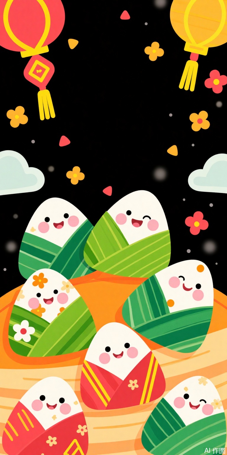 The image features a colorful and cheerful scene with various anthropomorphized food items and decorative elements. At the top, there are red and yellow lanterns with tassels, and small flowers scattered around. Below, there are several smiling, rounded food items resembling traditional rice cakes or dumplings, each wrapped in leaves and decorated with different patterns. The background is predominantly black, which makes the vibrant colors of the food items stand out. The overall theme appears to be festive and celebratory, possibly related to a cultural or holiday event.