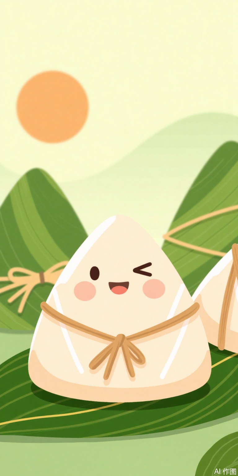 The image depicts a cheerful scene featuring two wrapped rice dumplings, known as "粽子" (zònɜ:s) in Chinese culture, placed on a green leaf. The dumplings are tied with a string, and the one in the foreground has a smiling face with rosy cheeks, a wink, and a playful expression. The background shows a serene landscape with a large sun or moon, and two green mountains, creating a peaceful and festive atmosphere. The overall style is whimsical and cartoonish, emphasizing the cultural significance of the dumplings.