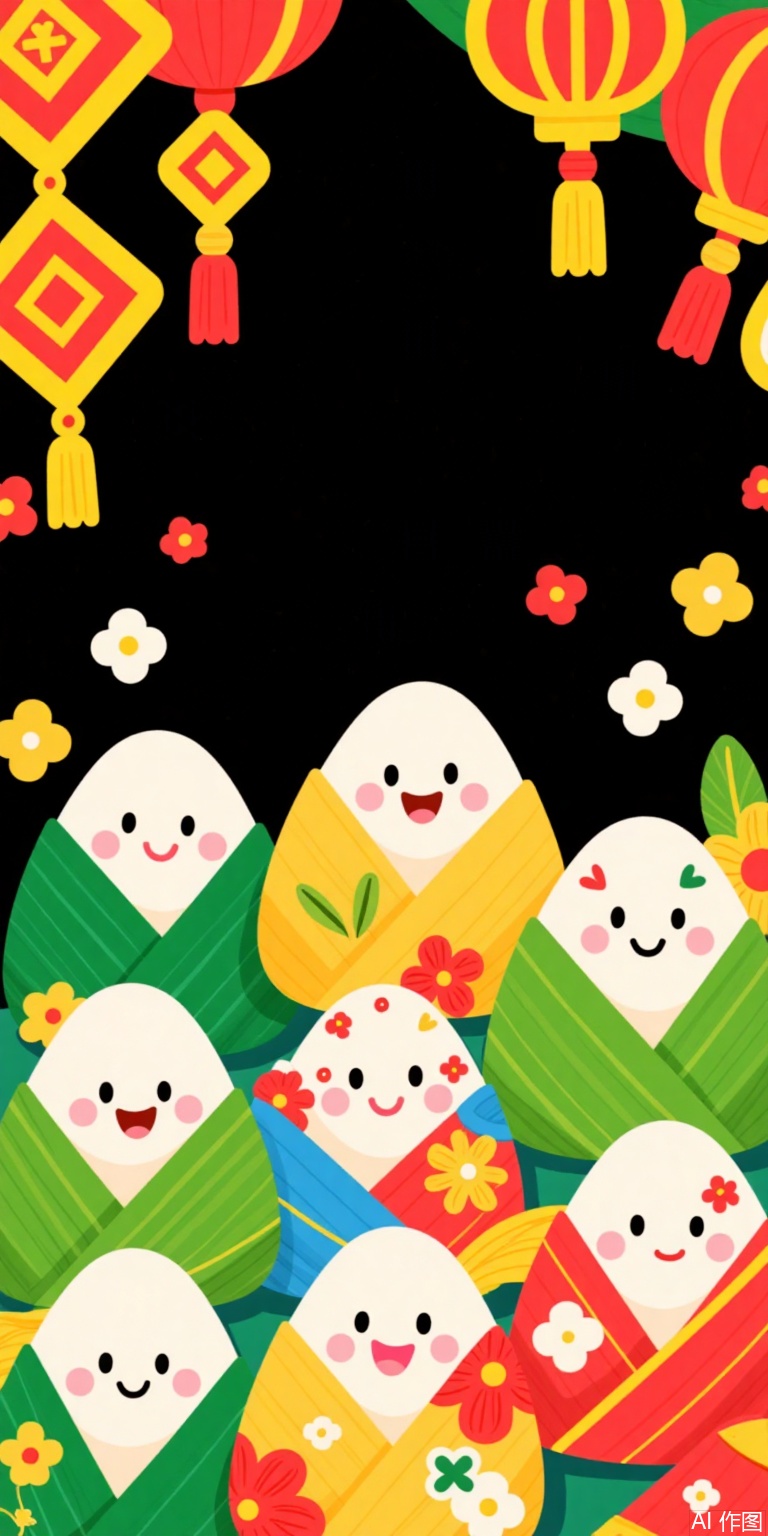 The image features a colorful and cheerful scene with various anthropomorphized food items and decorative elements. At the top, there are red and yellow lanterns with tassels, and small flowers scattered around. Below, there are several smiling, rounded food items resembling traditional rice cakes or dumplings, each wrapped in leaves and decorated with different patterns. The background is predominantly black, which makes the vibrant colors of the food items stand out. The overall theme appears to be festive and celebratory, possibly related to a cultural or holiday event.