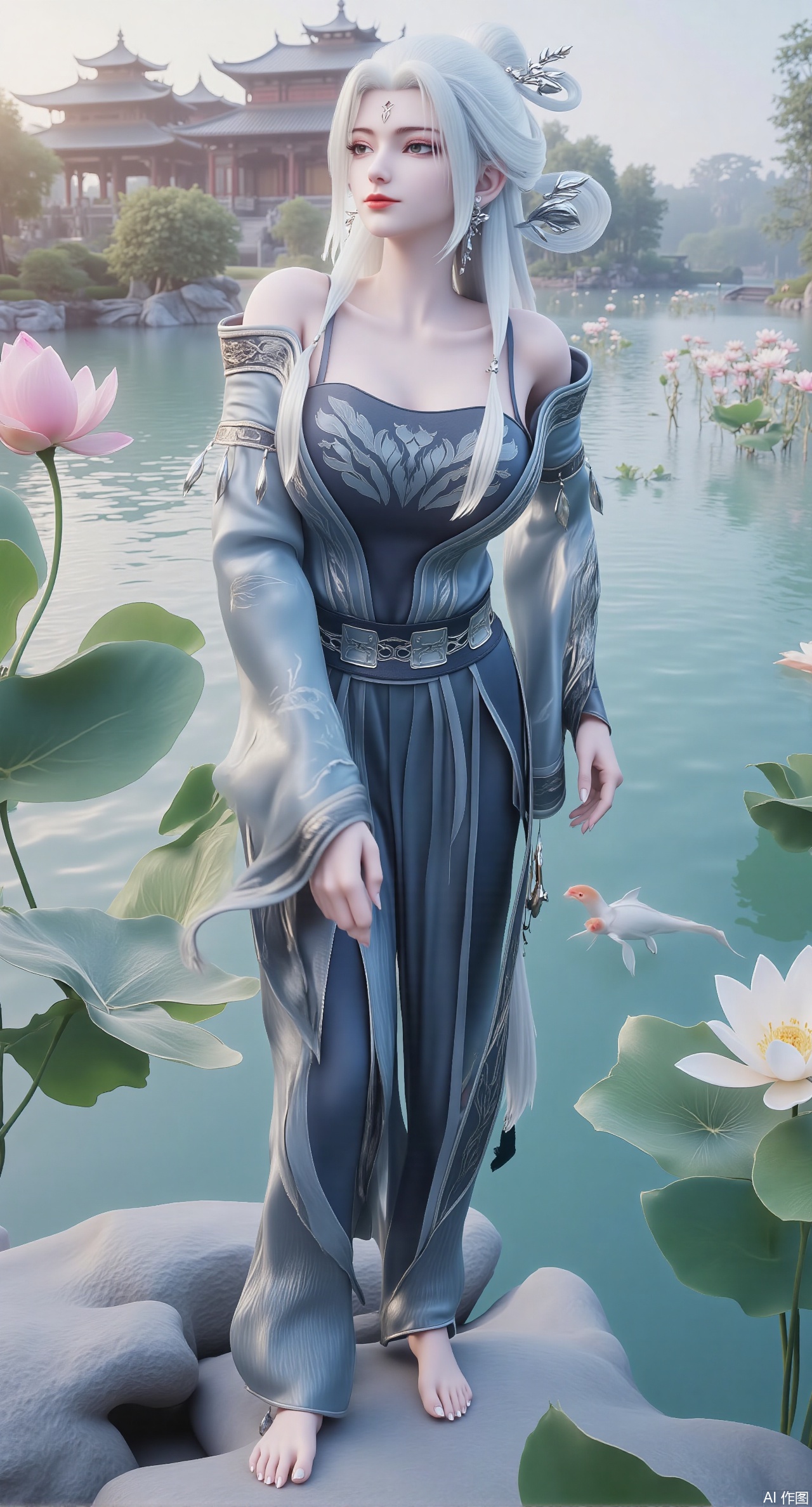 (masterpiece, best quality:1.2),A celestial maiden in Hanfu stands on a cloud, ethereal silk robes fluttering in the wind, swirling sea of clouds beneath her feet, (background reveals the emerald lotus pond of Penglai Wonderland with blooming pink-white lotuses:1.29), golden koi fish swimming in translucent water, soft morning light piercing through mist, ultra HD rendering showcases intricate embroidery on Hanfu, 8K detail captures dewdrops on lotus petals, dynamic lighting effects emphasize swirling mist movement, panoramic composition creates ethereal celestial atmosphere,(huge breasts:2.99),(full breasts:2.99),(Background with traditional Chinese architecture,Pond, water lilies:1.39),,,XliumeiYK,XlishaoyingXK,XyunxiaoYK