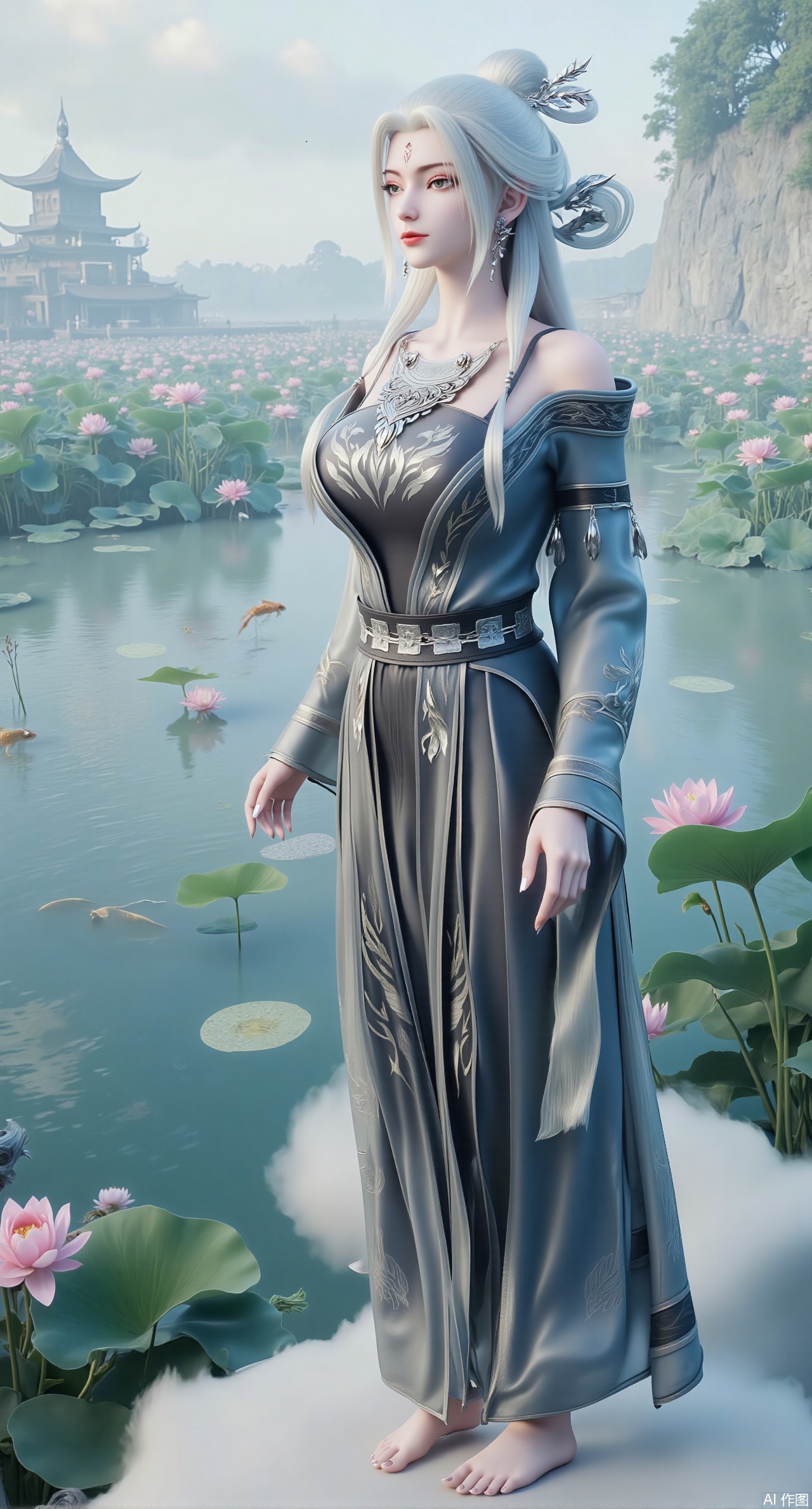 (masterpiece, best quality:1.2),A celestial maiden in Hanfu stands on a cloud, ethereal silk robes fluttering in the wind, swirling sea of clouds beneath her feet, (background reveals the emerald lotus pond of Penglai Wonderland with blooming pink-white lotuses:1.29), golden koi fish swimming in translucent water, soft morning light piercing through mist, ultra HD rendering showcases intricate embroidery on Hanfu, 8K detail captures dewdrops on lotus petals, dynamic lighting effects emphasize swirling mist movement, panoramic composition creates ethereal celestial atmosphere,(huge breasts:2.99),(full breasts:2.99),(Background with traditional Chinese architecture,Pond, water lilies:1.39),,,XliumeiYK,XlishaoyingXK,XyunxiaoYK