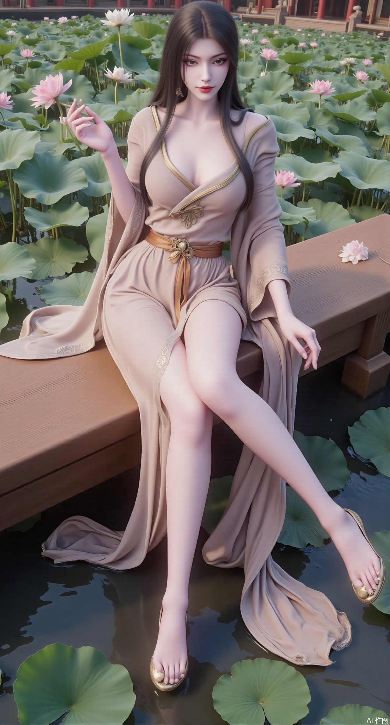 best quality,  The image is a digital illustration of a young woman sitting on a wooden bench in a pond with lily pads. Sh...