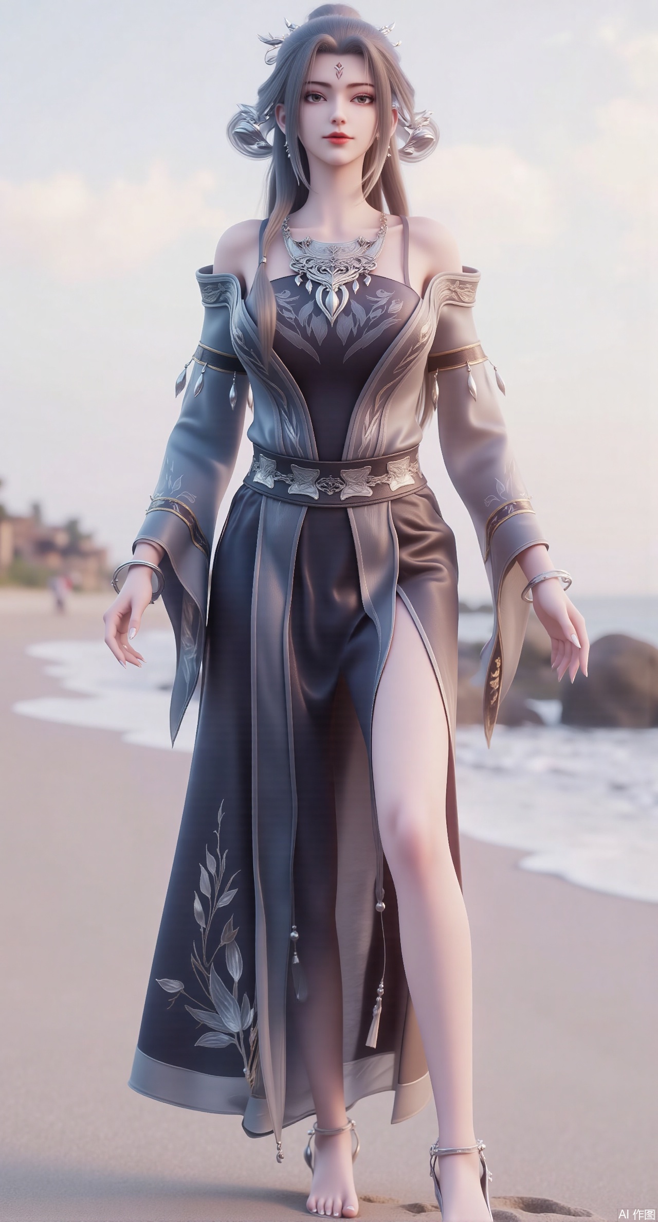 (masterpiece:1.2),best quality,3D animation,CG,absurdres,masterpiece,original,extremely detailed wallpaper,perfect lighting,(extremely detailed CG:1.2),1girl,solo,standing,(huge breasts:2.69),(full breasts:2.59),,looking at viewer,(cowboy_shot:1.1),long hair,high heels,blurry background,depth of field,motion blur,long dress,china_dress,chinese_style,bare shouders,crystal_earrings,headpiece,hair_tie,chest_jewel,gem,necklace,jewelry,in summer,day,outdoors,nature,sea,(rose,beach:1.49),(huge breasts:2.99),(full breasts:2.99),(very long legs,Diamond-studded high heels:1.5),XliumeiYK,XlishaoyingXK,XyunxiaoYK,XxiaobaiYK