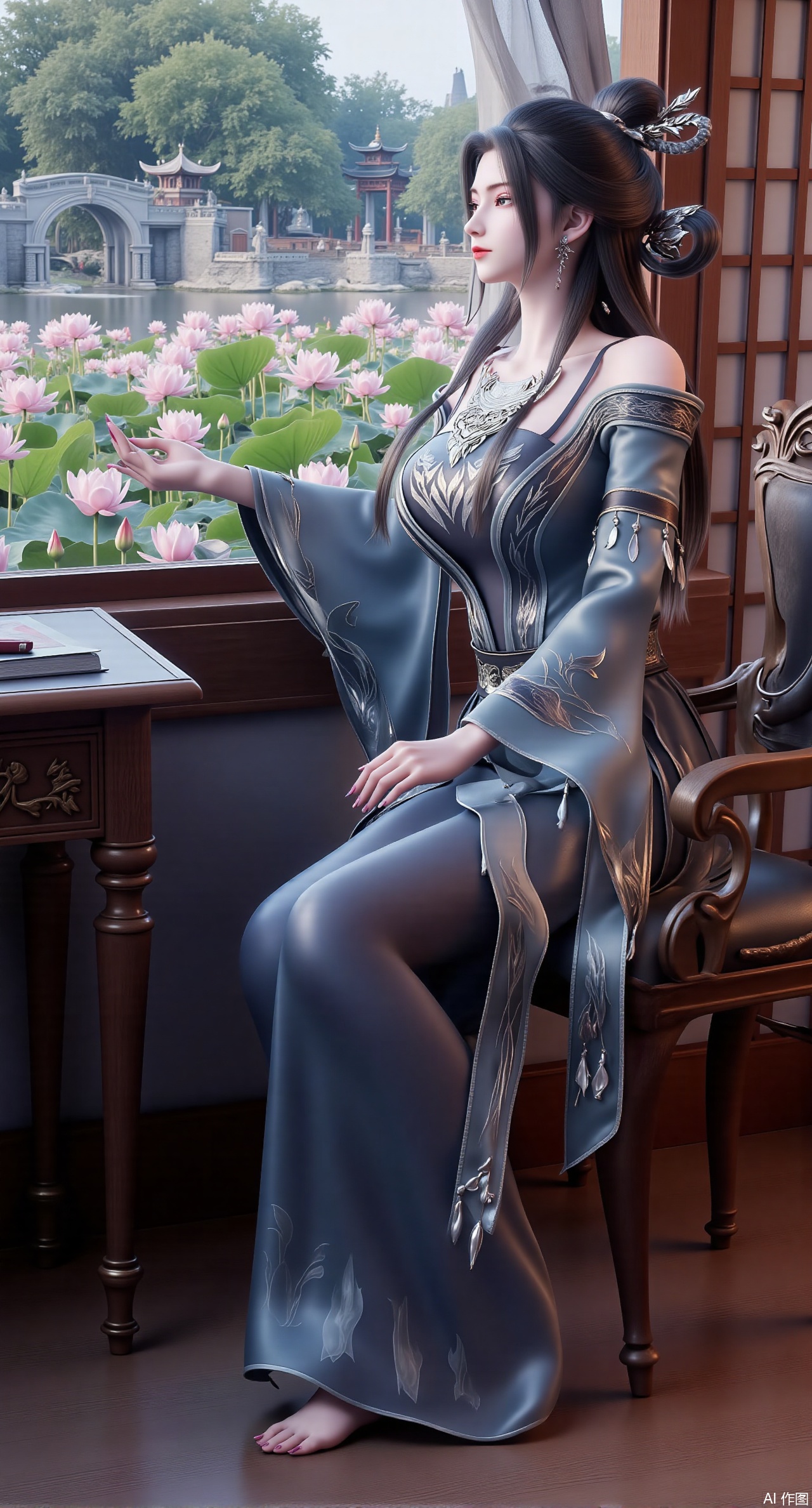 (masterpiece, best quality:1.2),1girl, solo, long dress,Ancient princess's boudoir with bright color palette,,(huge breasts:2.59),(full breasts:2.59), Hanfu-clad maiden sitting by latticed window desk in romantic daydreaming posture, classical Chinese garden through window showcasing lotus pond filled with blooming pink and white lotuses, delicate ink-wash painting style, interior featuring rosewood furniture with mother-of-pearl inlay, silk curtains fluttering in breeze, porcelain stationery set on desk, distant view of curved bridges and pavilions in garden, ultra HD rendering with crisp details on embroidered garments and translucent lotus petals,,(huge breasts:2.99),(full breasts:2.99),XliumeiYK,XlishaoyingXK,XyunxiaoYK,XxiaobaiYK
