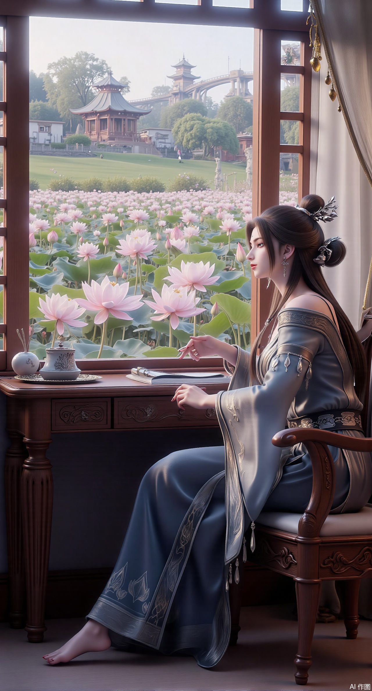 (masterpiece, best quality:1.2),1girl, solo, long dress,Ancient princess's boudoir with bright color palette,,(huge breasts:2.59),(full breasts:2.59), Hanfu-clad maiden sitting by latticed window desk in romantic daydreaming posture, classical Chinese garden through window showcasing lotus pond filled with blooming pink and white lotuses, delicate ink-wash painting style, interior featuring rosewood furniture with mother-of-pearl inlay, silk curtains fluttering in breeze, porcelain stationery set on desk, distant view of curved bridges and pavilions in garden, ultra HD rendering with crisp details on embroidered garments and translucent lotus petals,,(huge breasts:2.99),(full breasts:2.99),XliumeiYK,XlishaoyingXK,XyunxiaoYK,XxiaobaiYK