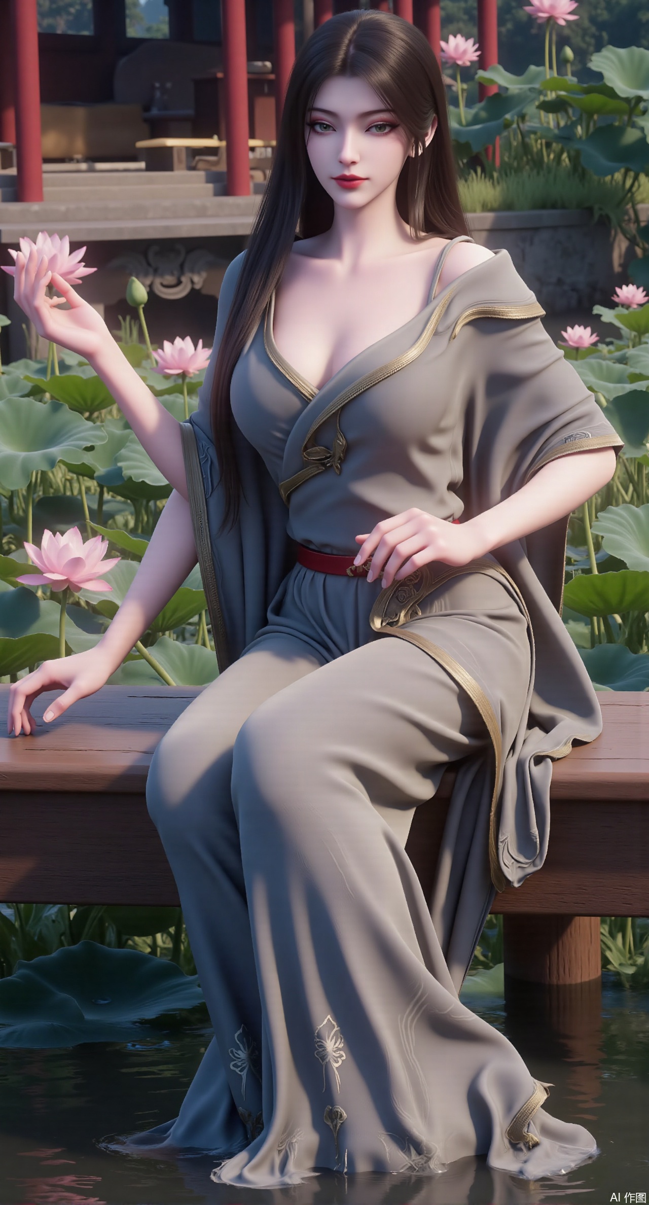 best quality,  The image is a digital illustration of a young woman sitting on a wooden bench in a pond with lily pads. Sh...