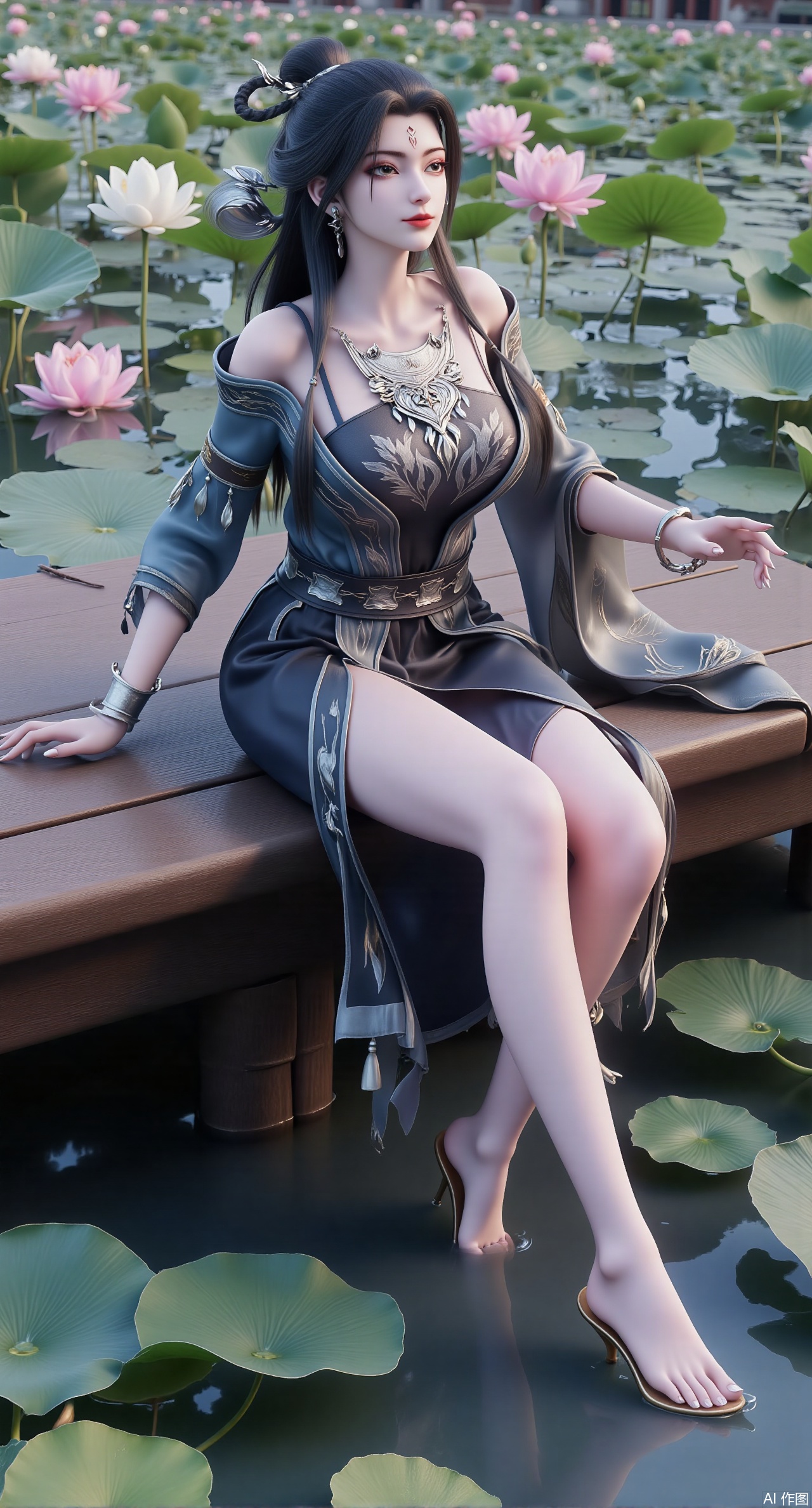(masterpiece:1.2),best quality,The image is a digital illustration of a young woman sitting on a wooden bench in a pond with lily pads. She is wearing a long dress with design on the chest and sleeves. The dress has a high neckline and short sleeves,Holding a lotus in hand. She has long dark hair styled in loose waves and is wearing gold high heels. The woman is posing with one hand on her hip and the other resting on the edge of the bench. The background is filled with pink and white lotus flowers and green leaves. The overall mood of the image is peaceful and serene,(huge breasts:2.99),(full breasts:2.99),(Background with traditional Chinese architecture, lotus pond and pink lotus flowers:1.39),XliumeiYK,XlishaoyingXK,XyunxiaoYK,XxiaobaiYK