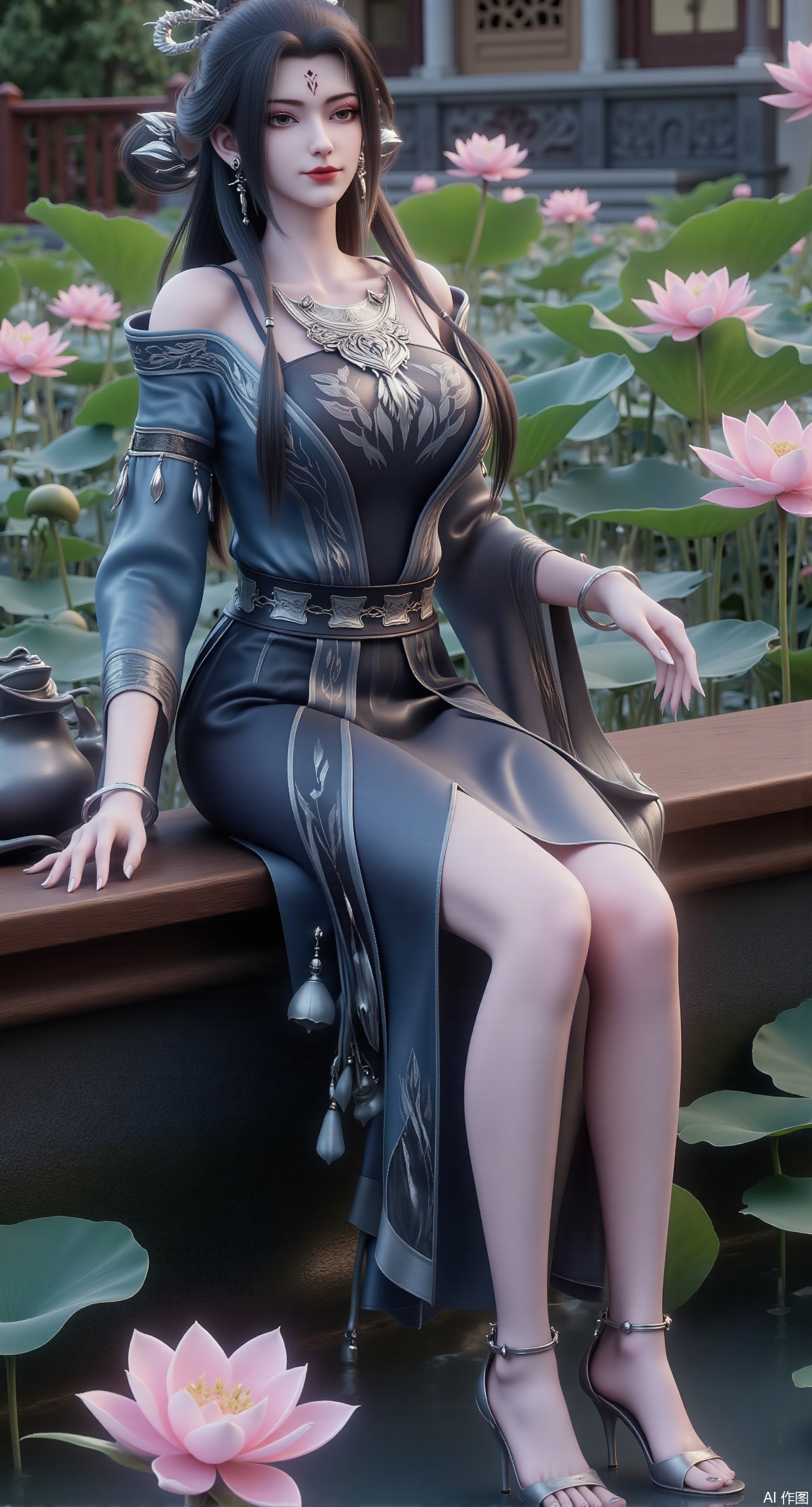 (masterpiece:1.2),best quality,The image is a digital illustration of a young woman sitting on a wooden bench in a pond with lily pads. She is wearing a long dress with design on the chest and sleeves. The dress has a high neckline and short sleeves,Holding a lotus in hand. She has long dark hair styled in loose waves and is wearing gold high heels. The woman is posing with one hand on her hip and the other resting on the edge of the bench. The background is filled with pink and white lotus flowers and green leaves. The overall mood of the image is peaceful and serene,(huge breasts:2.99),(full breasts:2.99),(Background with traditional Chinese architecture, lotus pond and pink lotus flowers:1.39),XliumeiYK,XlishaoyingXK,XyunxiaoYK,XxiaobaiYK