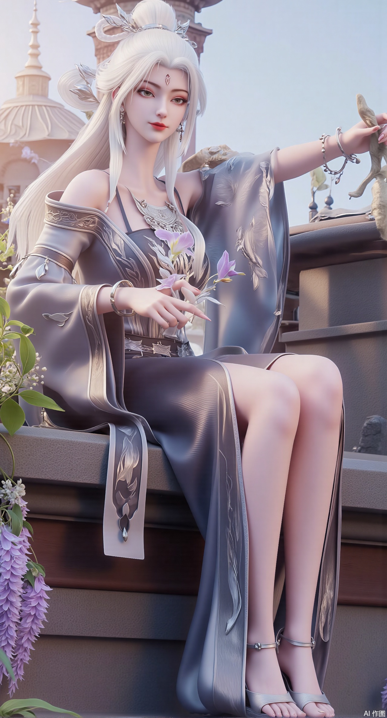 (masterpiece:1.2),best quality,hanfu,(Traditional Asian-inspired attire with a vibrant floral accessory and intricate hair ornament), realistic,hanfu photography, hanfu,1girl,fair_skin,glamor,very long hair,absurdres,incredibly absurdres,wallpaper,artbook,chinese_style_loft,turret,tower,handrail,plant,wisteria,spider_lily,face_focus,dynamic_angle,depth of field,looking_at_viewer,(huge breasts:2.99),(full breasts:2.99),(very long legs,Diamond-studded high heels:1.5),XliumeiYK,XlishaoyingXK,XyunxiaoYK,XxiaobaiYK