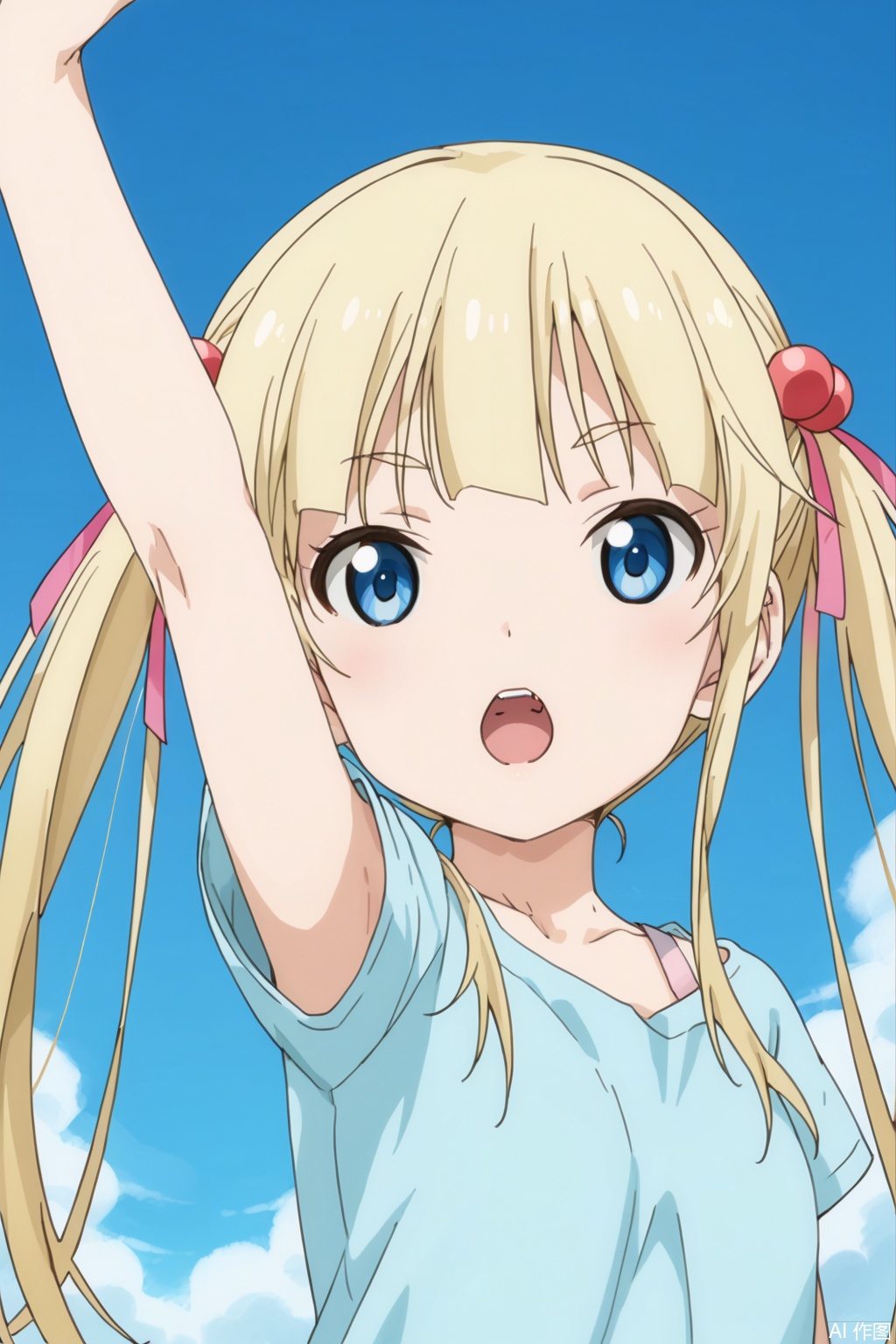 1girl, solo, long hair, open mouth, blue eyes, blonde hair, hair ornament, ribbon, twintails, upper body, arm up, hair bobbles