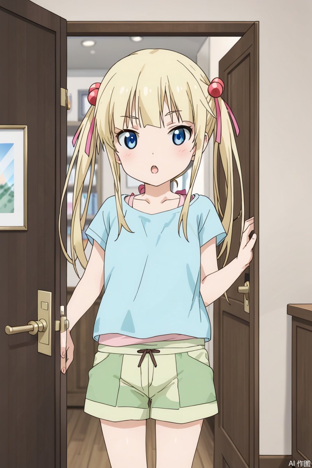 1girl, solo, long hair, looking at viewer, blush, open mouth, blue eyes, blonde hair, shirt, hair ornament, ribbon, twintails, hair ribbon, shorts, indoors, :o, hair bobbles, door, green shorts


