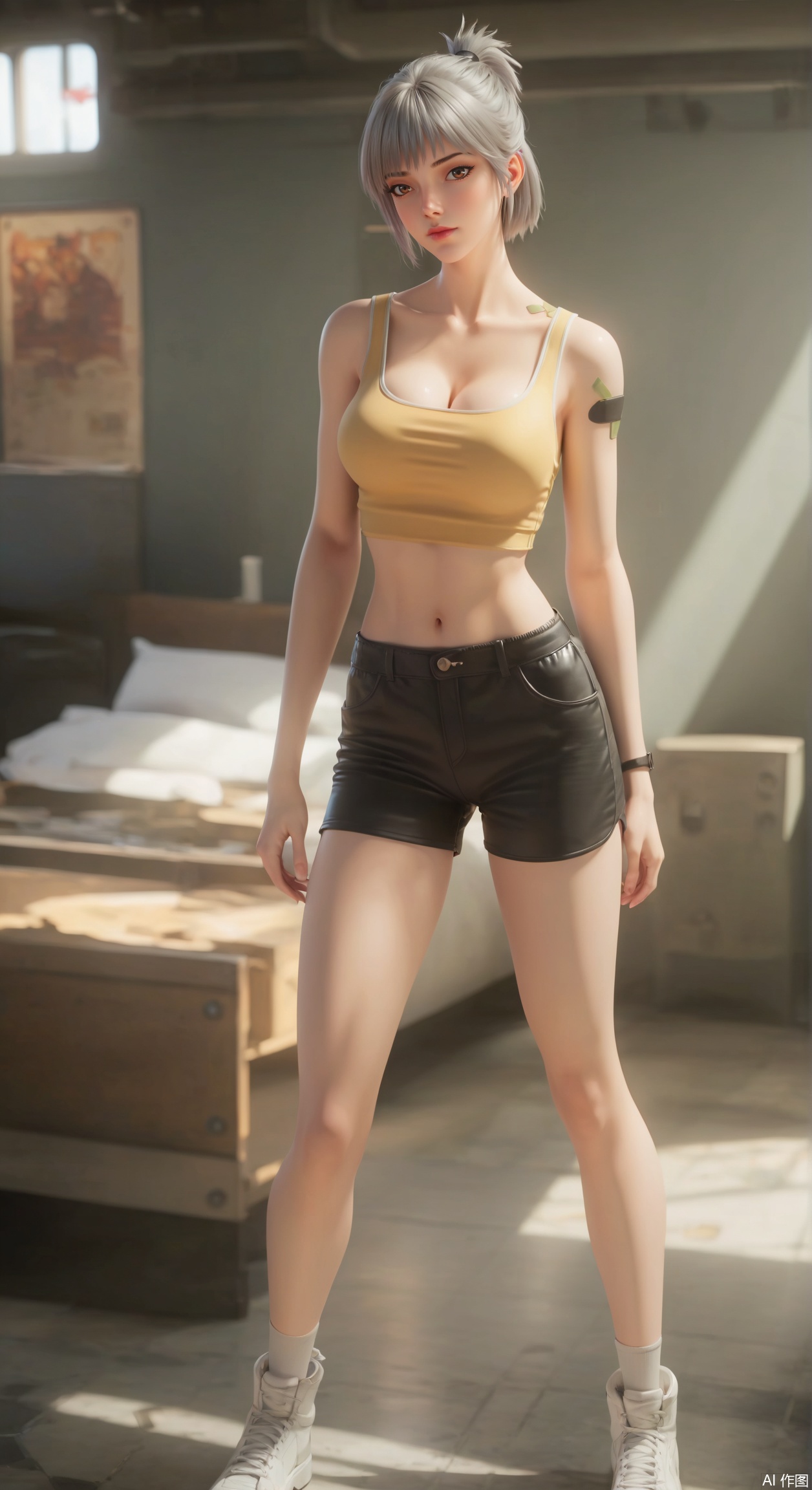 score_9_up,score_8_up,score_7_up,(Masterpiece, Best Quality, High Resolution, 8K Raw),absurdres, highres, Expressiveh, armor,science fiction,
1girl, solo,long hair,looking at viewer,grey hair,short hair,cleavage,brown eyes,collarbone,indoors,blurry,yellow tanktop,tattoo,black shorts,white footwear ,short ponytail,standing,full body