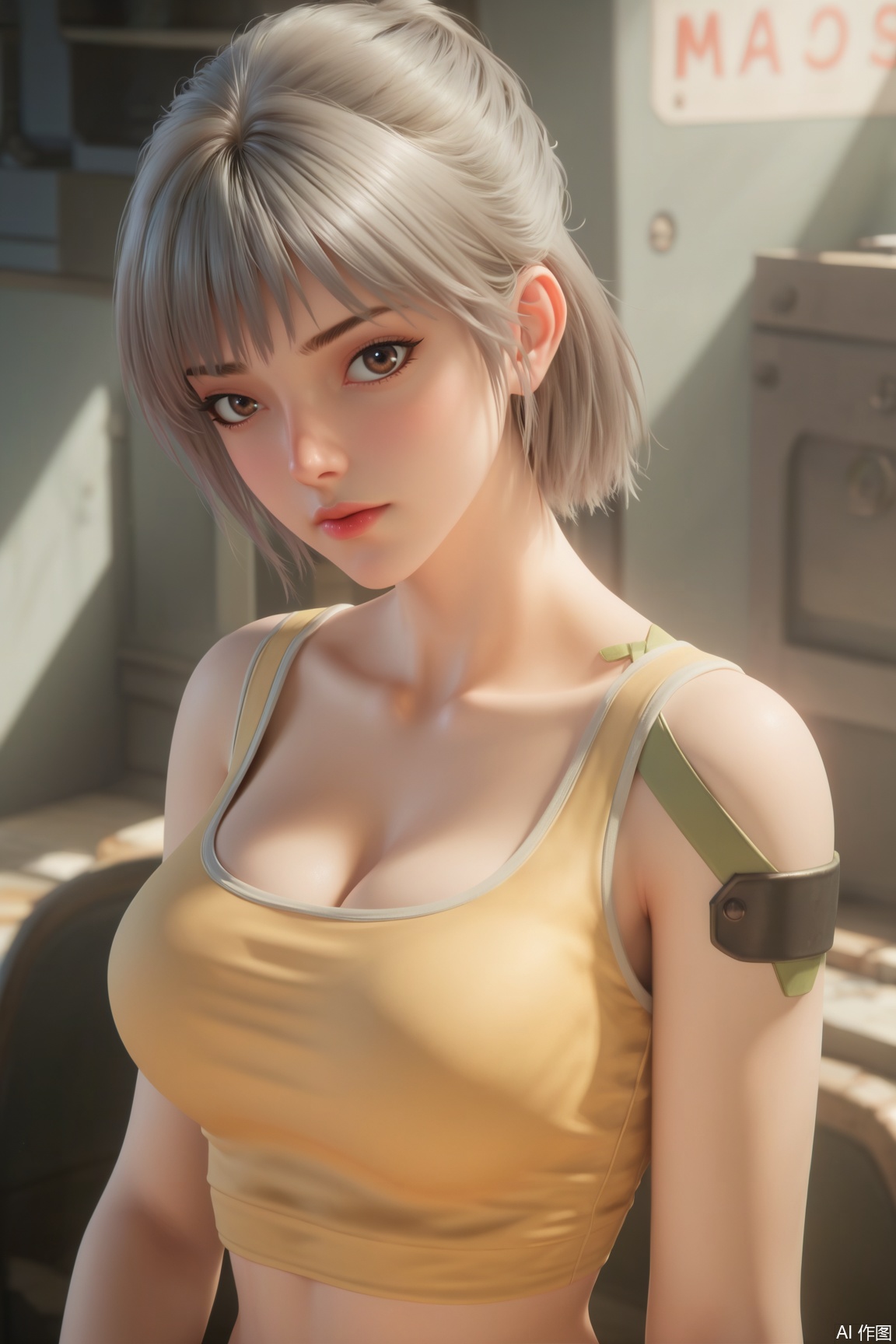 score_9_up,score_8_up,score_7_up,(Masterpiece, Best Quality, High Resolution, 8K Raw),absurdres, highres, Expressiveh, armor,science fiction,
1girl, solo,long hair,looking at viewer,grey hair,short hair,cleavage,brown eyes,collarbone,indoors,blurry,yellow tanktop,