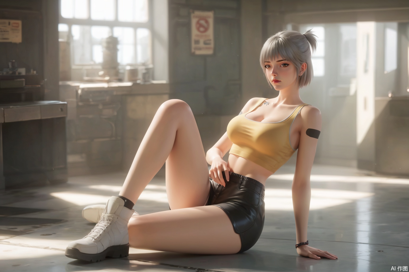 score_9_up,score_8_up,score_7_up,(Masterpiece, Best Quality, High Resolution, 8K Raw),absurdres, highres, Expressiveh, armor,science fiction,
1girl, solo,long hair,looking at viewer,grey hair,short hair,cleavage,brown eyes,collarbone,indoors,blurry,yellow tanktop,tattoo,black shorts,white footwear ,short ponytail,full body