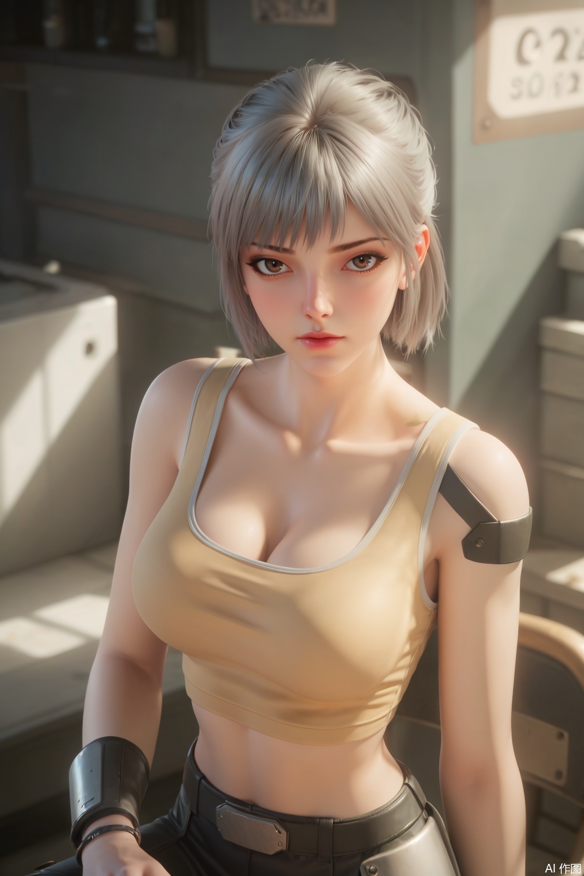 score_9_up,score_8_up,score_7_up,(Masterpiece, Best Quality, High Resolution, 8K Raw),absurdres, highres, Expressiveh, armor,science fiction,
1girl, solo,long hair,looking at viewer,grey hair,short hair,cleavage,brown eyes,collarbone,indoors,blurry,tanktop