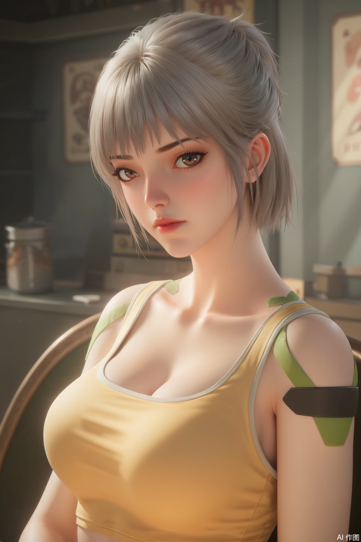 score_9_up,score_8_up,score_7_up,(Masterpiece, Best Quality, High Resolution, 8K Raw),absurdres, highres, Expressiveh, armor,science fiction,
1girl, solo,long hair,looking at viewer,grey hair,short hair,cleavage,brown eyes,collarbone,indoors,blurry,yellow tanktop,tattoo,,