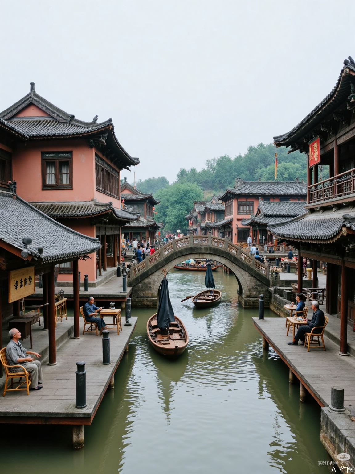 In ancient China, a typical ancient town in Jiangnan was a typical river channel passing through the town, and there were two-story houses with pink walls and black tiles on both sides. There are two stone arch bridges side by side on the river, and black-sailed boats are slowly rowing by. A wooden sign in the teahouse by the river was hung, and several old men sat on bamboo chairs to drink tea and chat.