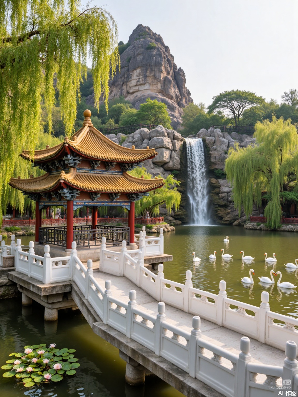 n the ancient Chinese royal garden, the white marble bridge spans an artificial lake, connecting the pavilion in the middle of the lake with the shore. The pavilions and towers are covered with golden glazed tiles, and carved beams and painted pillars. The weeping willows swaying by the lake, the water lilies bloom in the lake, and a group of swans cruising. The rockery is towering in the distance, and the waterfall pours down from the top of the mountain.
