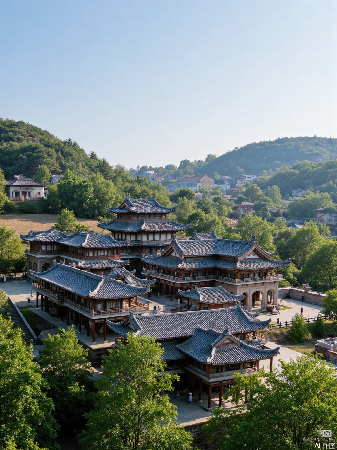Ancient architecture,There is a luxurious house of a large family on the top of a mountain. The buildings are arranged in an orderly manner, very exquisite, and the surrounding scenery is pleasant.