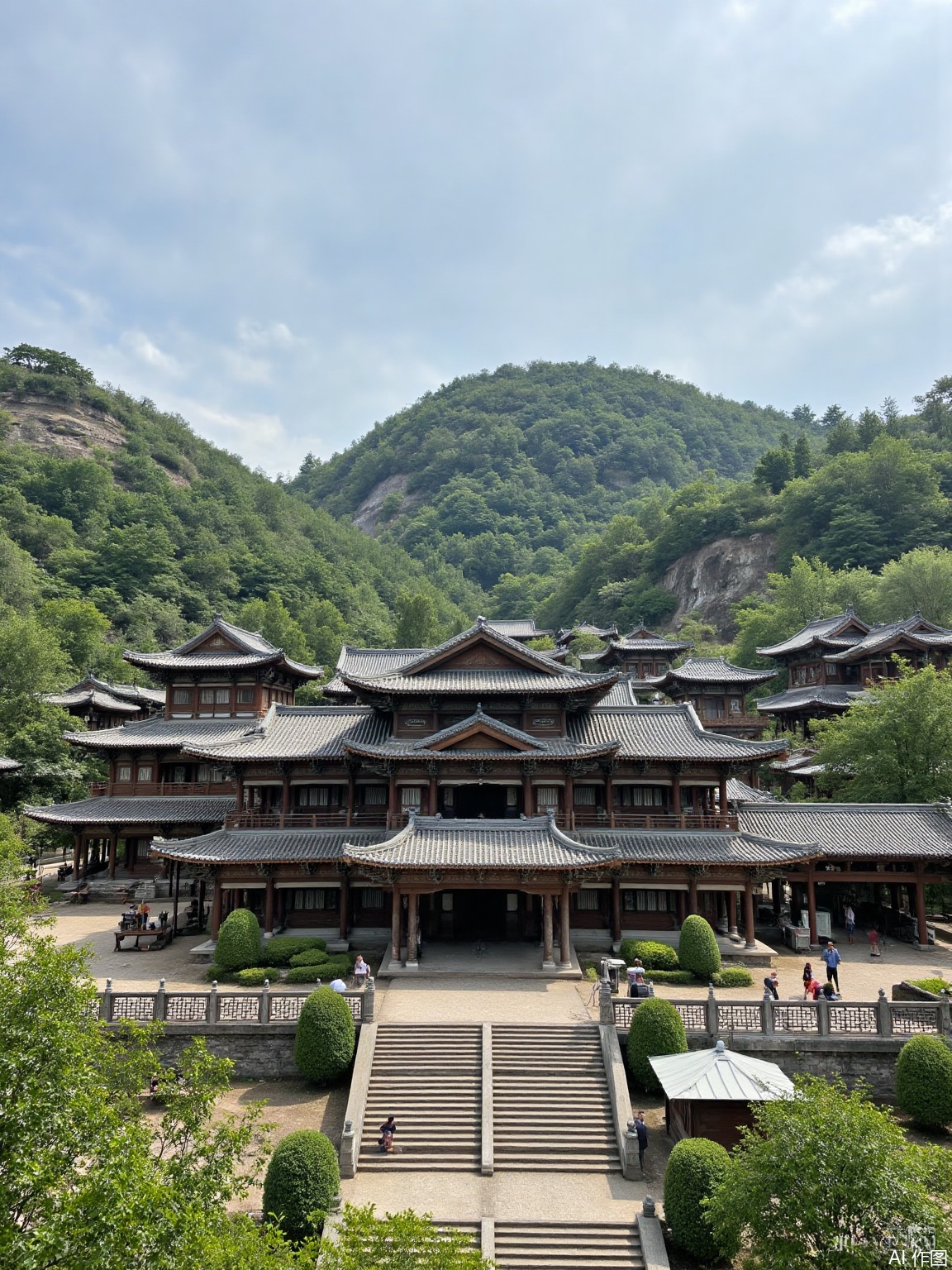 Ancient architecture,There is a luxurious house of a large family on the top of a mountain. The buildings are arranged in an orderly manner, very exquisite, and the surrounding scenery is pleasant.