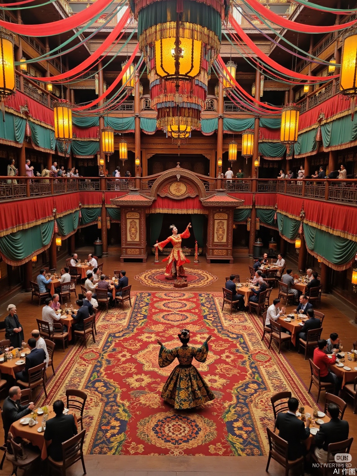 The picture is on the first floor of an ancient Chinese restaurant. The first floor hall is made of wooden structures, with colorful curtains and various lanterns hanging on the top. The floor is covered with patterned carpets, and the floors above the second floor are fenced. There are many nobles sitting in the lobby on the first floor, with gorgeous costumes. They raise their glasses and drinks to watch the gorgeously decorated silk dancers in the performance area on the first floor. The overall layout is in a traditional style,ancient。