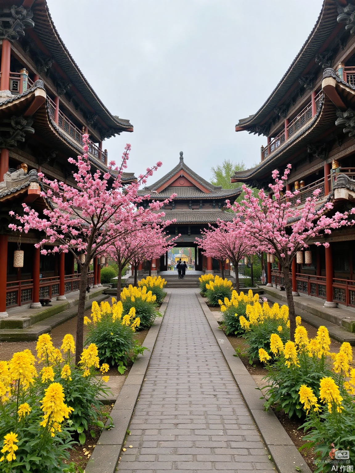 Ancient Chinese Tang Dynasty buildings, with very beautiful flowers on both sides of the roads of the buildings,Cherry blossoms,golden rapeseed,wooden houses