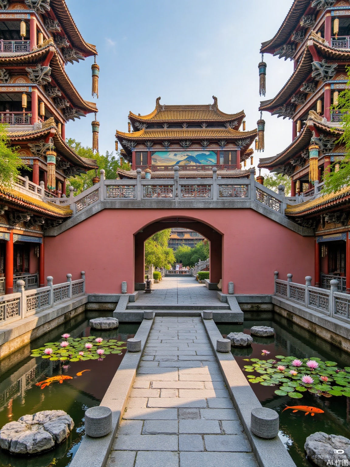 In ancient China, a bluestone path winds to the front of the Yue Cave gate. The brick-carved peonies on the lintel are blooming brightly, and the petals are visible. The pink wall embraces a pool of clear water, the water lilies float lazily on the water, and the koi shuttles between the Taihu stones. The paintings of the heavy towers in the distance are stacked up, and the glazed tiles are shining with gold-like light in the sun, and the jade bells hanging from the eaves are jingling, turning the classical charm into a long ancient song.