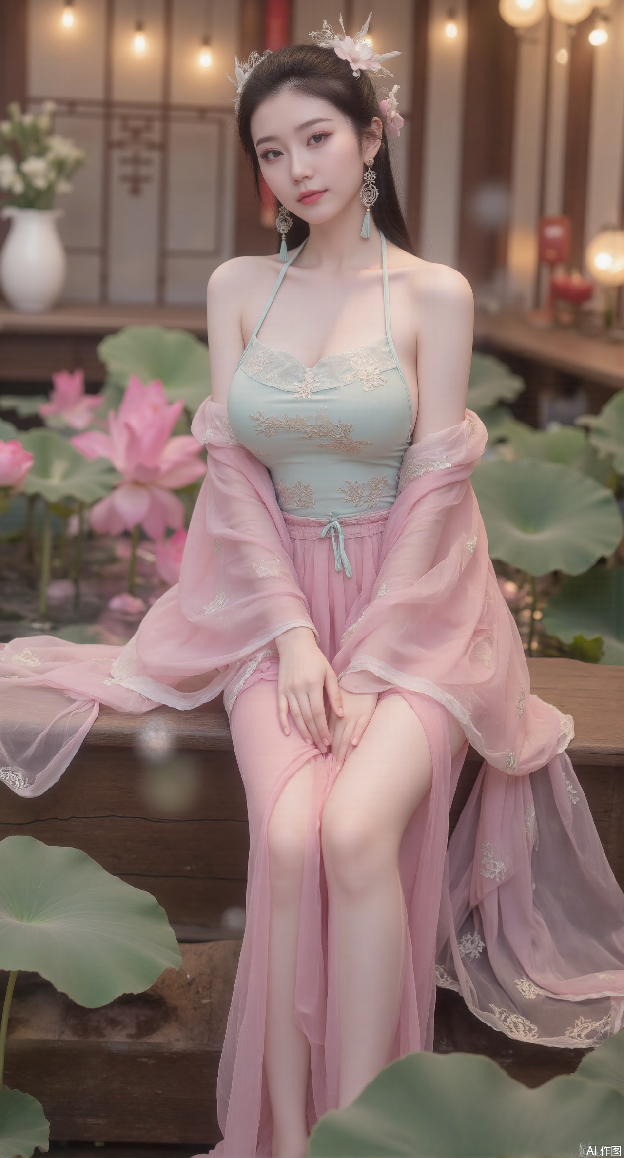  (masterpiece:1.2),best quality, (1girl:1.1), (Lace skirt:1.39), on Stomach,aqua_earrings,Lights, lanterns, chang,(big breasts:2.56),hanfu, Best quality, Realistic, photorealistic, masterpiece, extremely detailed CG unity 8k wallpaper, best illumination, best shadow, huge filesize ,(huge breasts:2.69) incredibly absurdres, absurdres, looking at viewer, transparent, smog, gauze, vase, petals, room, ancient Chinese style, detailed background, wide shot background,
(((black hair))),(Sitting on the lotus pond porch:1.49) ,(A pond full of pink lotus flowers:1.5),close up of 1girl,Hairpins,hair ornament,hair wings,slim,narrow waist,perfect eyes,beautiful perfect face,pleasant smile,perfect female figure,detailed skin,charming,alluring,seductive,erotic,enchanting,delicate pattern,detailed complex and rich exquisite clothing detail,delicate intricate fabrics,Morning Serenade In the gentle morning glow, (a woman in a pink lotus-patterned Hanfu stands in an indoor courtyard:1.36),(Chinese traditional dragon and phoenix embroidered Hanfu:1.3), admiring the tranquil garden scenery. The lotus-patterned Hanfu, embellished with silver-thread embroidery, is softly illuminated by the morning light. The light mint green Hanfu imparts a sense of calm and freshness, adorned with delicate lotus patterns, with a blurred background to enhance the peaceful atmosphere,XzilingXY3,XlimuwanJCY,XmoxianYK,Xfanlv,XliumeiYK2,XlishaoyingXK2,XxiaobaiYK2,XHhanfududou,XGhibli Hayao Miyazaki animation style,XxiaobaiNZYK2,Xpugongying