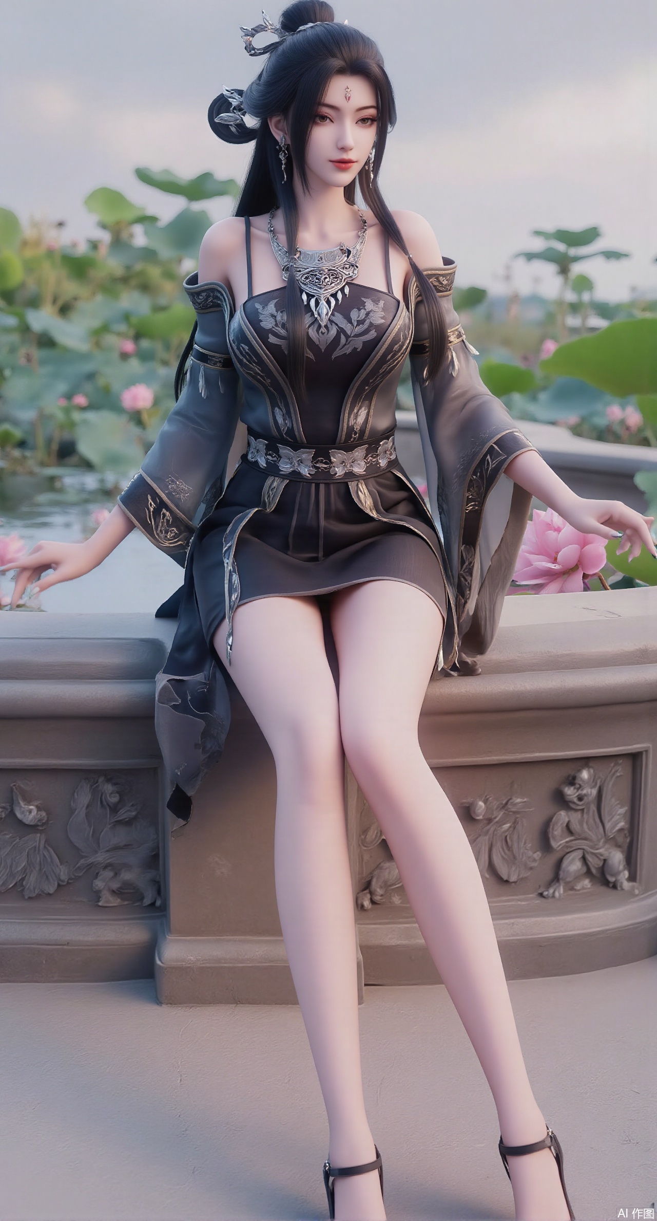  (masterpiece:1.2),best quality, (UE5.5,rendered with Unreal Engine 5,Unreal Engine 5,CG rendering), (masterpiece:1.2),,1girl,solo,standing,looking at viewer,(cowboy_shot:1.3),black hair,long hair,high heels,blurry background,depth of field,motion blur,short dress,china_dress,chinese_style,bare shouders,crystal_earrings,headpiece,hair_tie,chest_jewel,gem,necklace,jewelry,in summer,day,outdoors,nature,sea,(beach:1.4),(huge breasts:2.99),(full breasts:2.99),(lotus pond and pink lotus flowers:1.59),,(very long legs,Diamond-studded high heels:1.5),XzilingXY3,XlimuwanJCY,XmoxianYK,Xfanlv,XliumeiYK2,XlishaoyingXK2,XxiaobaiYK2,XHhanfududou,XGhibli Hayao Miyazaki animation style,XxiaobaiNZYK2,Xpugongying,XliuqiyueFHK