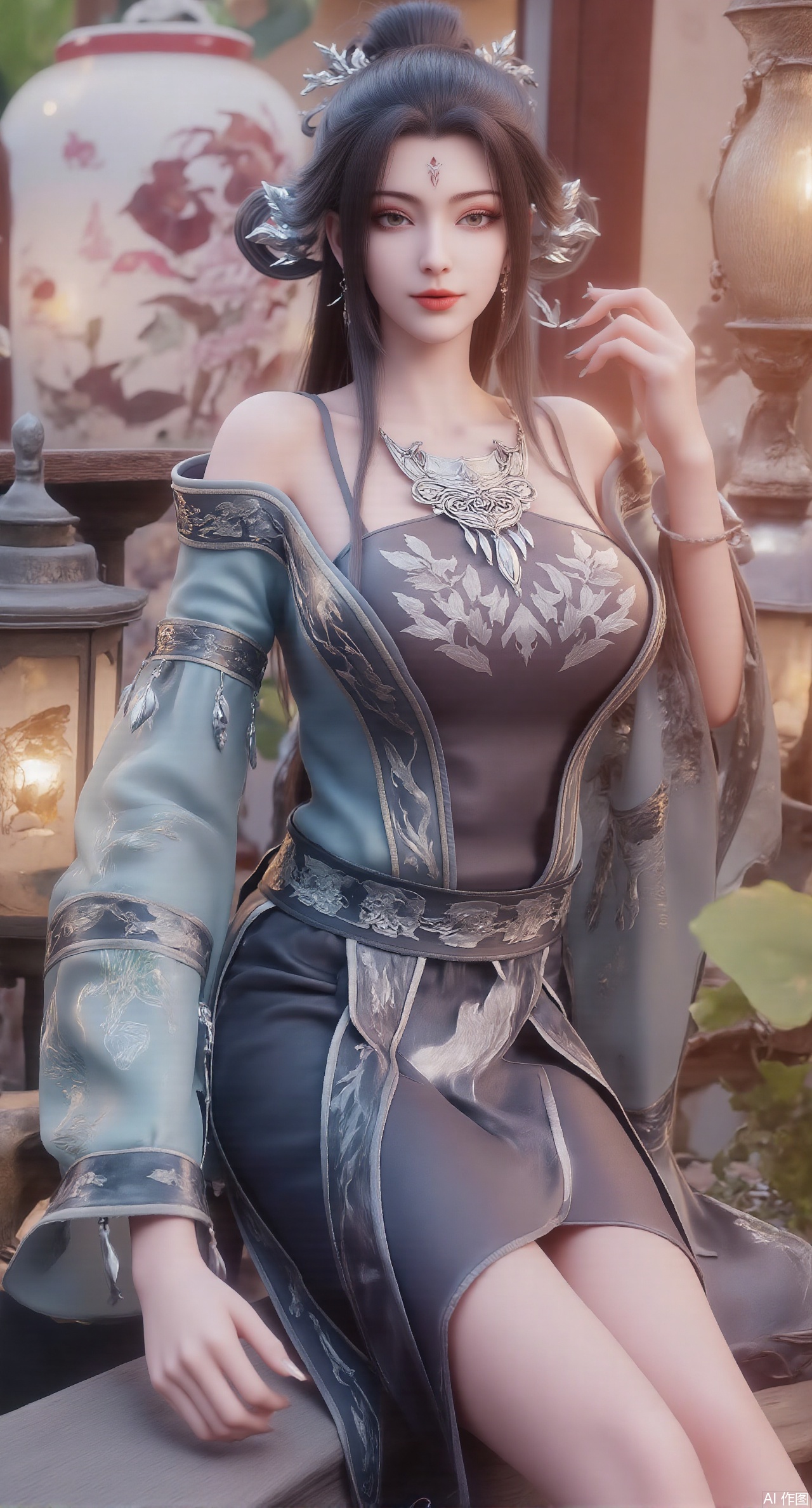  (masterpiece:1.2),best quality, (1girl:1.1), (Lace skirt:1.39), on Stomach,aqua_earrings,Lights, lanterns, chang,(big breasts:2.56),hanfu, Best quality, Realistic, photorealistic, masterpiece,(UE5.5,rendered with Unreal Engine 5,Unreal Engine 5,CG rendering), best illumination, best shadow, huge filesize ,(huge breasts:2.69) incredibly absurdres, absurdres, looking at viewer, transparent, smog, gauze, vase, petals, room, ancient Chinese style, detailed background, wide shot background,
(((black hair))),(Sitting on the lotus pond porch:1.49) ,(A pond full of pink lotus flowers:1.5),close up of 1girl,Hairpins,hair ornament,hair wings,slim,narrow waist,perfect eyes,beautiful perfect face,pleasant smile,perfect female figure,detailed skin,charming,alluring,seductive,erotic,enchanting,delicate pattern,detailed complex and rich exquisite clothing detail,delicate intricate fabrics,Morning Serenade In the gentle morning glow, (a woman in a pink lotus-patterned Hanfu stands in an indoor courtyard:1.36),(Chinese traditional dragon and phoenix embroidered Hanfu:1.3), admiring the tranquil garden scenery. The lotus-patterned Hanfu, embellished with silver-thread embroidery, is softly illuminated by the morning light. The light mint green Hanfu imparts a sense of calm and freshness, adorned with delicate lotus patterns, with a blurred background to enhance the peaceful atmosphere,XzilingXY3,XlimuwanJCY,XmoxianYK,Xfanlv,XliumeiYK2,XlishaoyingXK2,XxiaobaiYK2,XHhanfududou,XGhibli Hayao Miyazaki animation style,XxiaobaiNZYK2,Xpugongying,XliuqiyueFHK