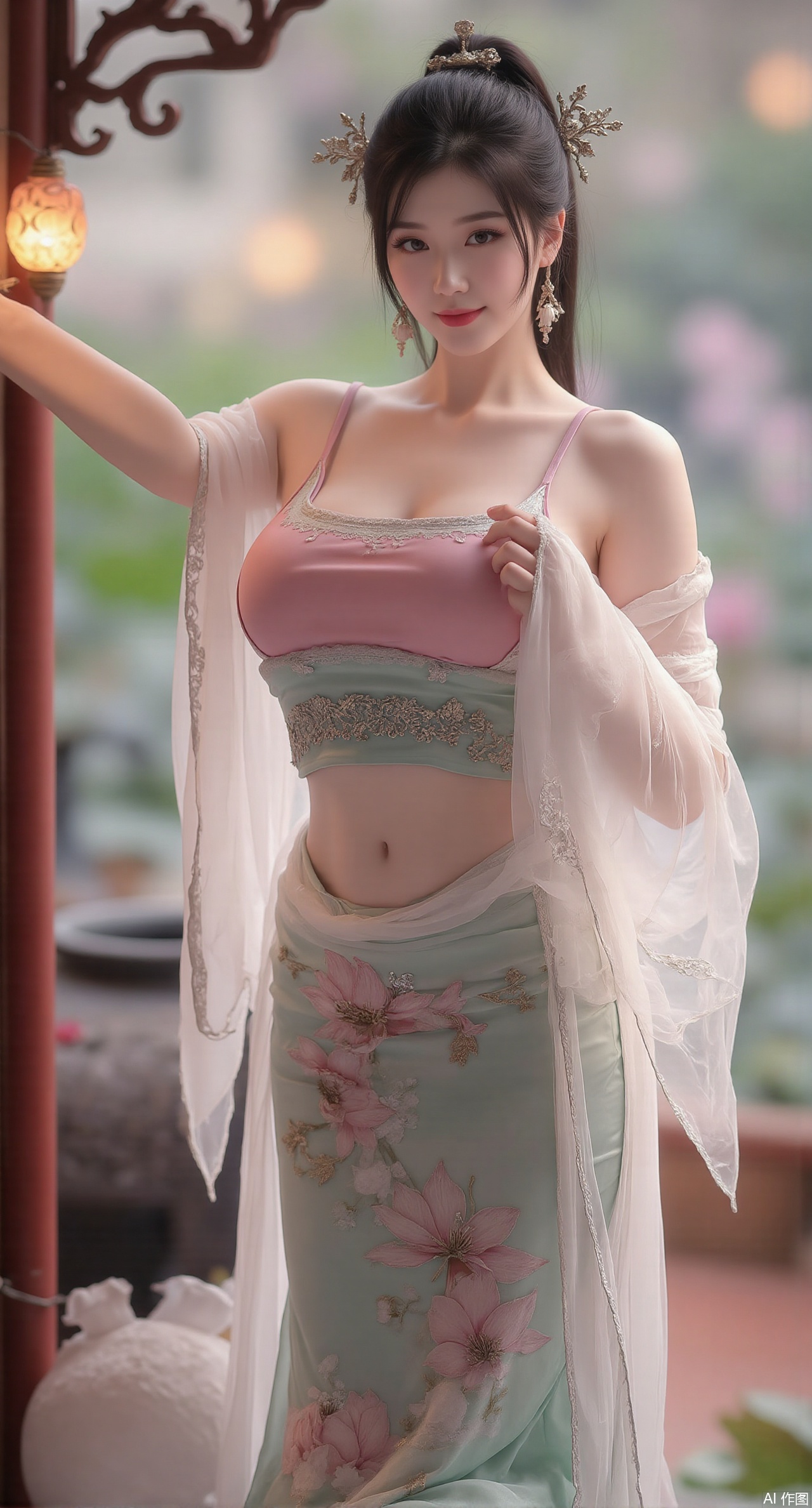  (masterpiece:1.2),best quality, (1girl:1.1), (Lace skirt:1.39), on Stomach,aqua_earrings,Lights, lanterns, chang,(big breasts:2.56),hanfu, Best quality, Realistic, photorealistic, masterpiece, extremely detailed CG unity 8k wallpaper, best illumination, best shadow, huge filesize ,(huge breasts:2.69) incredibly absurdres, absurdres, looking at viewer, transparent, smog, gauze, vase, petals, room, ancient Chinese style, detailed background, wide shot background,
(((black hair))),(Sitting on the lotus pond porch:1.49) ,(A pond full of pink lotus flowers:1.5),close up of 1girl,Hairpins,hair ornament,hair wings,slim,narrow waist,perfect eyes,beautiful perfect face,pleasant smile,perfect female figure,detailed skin,charming,alluring,seductive,erotic,enchanting,delicate pattern,detailed complex and rich exquisite clothing detail,delicate intricate fabrics,Morning Serenade In the gentle morning glow, (a woman in a pink lotus-patterned Hanfu stands in an indoor courtyard:1.36),(Chinese traditional dragon and phoenix embroidered Hanfu:1.3), admiring the tranquil garden scenery. The lotus-patterned Hanfu, embellished with silver-thread embroidery, is softly illuminated by the morning light. The light mint green Hanfu imparts a sense of calm and freshness, adorned with delicate lotus patterns, with a blurred background to enhance the peaceful atmosphere,XzilingXY3,XlimuwanJCY,XmoxianYK,Xfanlv,XliumeiYK2,XlishaoyingXK2,XxiaobaiYK2,XHhanfududou,XGhibli Hayao Miyazaki animation style,XxiaobaiNZYK2,Xpugongying