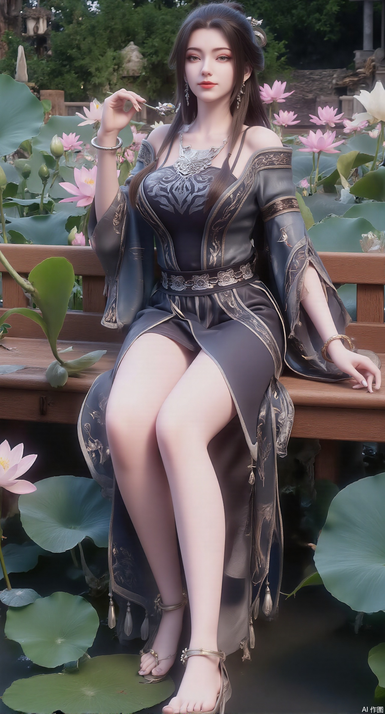 (masterpiece:1.2),best quality,The image is a digital illustration of a young woman sitting on a wooden bench in a pond with lily pads. She is wearing a long dress with design on the chest and sleeves. The dress has a high neckline and short sleeves,Holding a lotus in hand. She has long dark hair styled in loose waves and is wearing gold high heels. The woman is posing with one hand on her hip and the other resting on the edge of the bench. The background is filled with pink and white lotus flowers and green leaves. The overall mood of the image is peaceful and serene,(huge breasts:2.99),(full breasts:2.99),(Background with traditional Chinese architecture,Pond, water lilies:1.39),,XzilingXY3,XlimuwanJCY,XmoxianYK,Xfanlv,XliumeiYK2,XlishaoyingXK2,XxiaobaiYK2,XHhanfududou,XGhibli Hayao Miyazaki animation style,XxiaobaiNZYK2,Xpugongying,XliuqiyueFHK