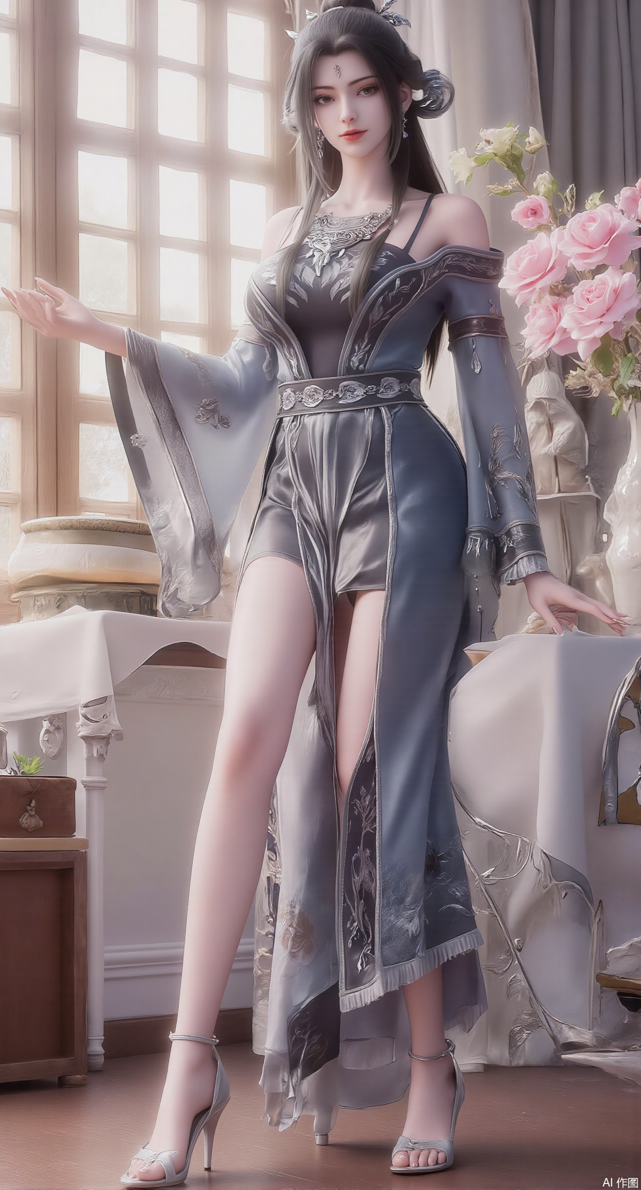 (masterpiece:1.2),best quality,Ultra clear, wallpaper, 8k, masterpiece, 1girl, solo, long hair, breasts, looking at viewer, bangs, large breasts,long dress,, bare shoulders, jewelry, black hair, standing, purple eyes, full body, flower, thighs, indoors, hair bun, long dress, high heels, cup, see-through, book, bare legs, window, table, white footwear, standing on one leg, curtains, pink flower, side slit, vase, ,(huge breasts:2.99),(full breasts:2.99),,,(pink rose flowers:1.59),,XzilingXY3,XlimuwanJCY,XmoxianYK,Xfanlv,XliumeiYK2,XlishaoyingXK2,XxiaobaiYK2,XHhanfududou,XGhibli Hayao Miyazaki animation style