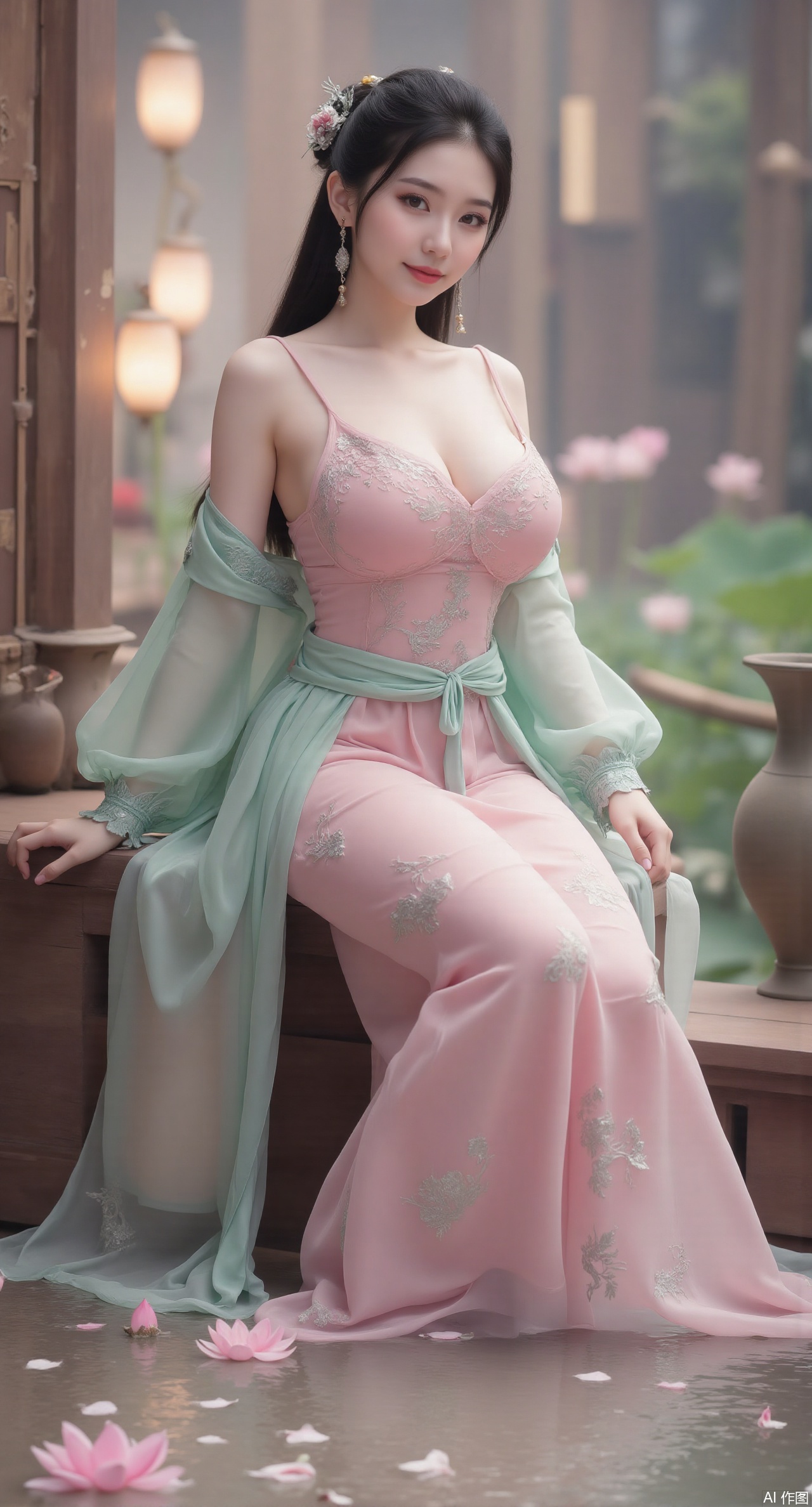  (masterpiece:1.2),best quality, (1girl:1.1), (Lace skirt:1.39), on Stomach,aqua_earrings,Lights, lanterns, chang,(big breasts:2.56),hanfu, Best quality, Realistic, photorealistic, masterpiece, extremely detailed CG unity 8k wallpaper, best illumination, best shadow, huge filesize ,(huge breasts:2.69) incredibly absurdres, absurdres, looking at viewer, transparent, smog, gauze, vase, petals, room, ancient Chinese style, detailed background, wide shot background,
(((black hair))),(Sitting on the lotus pond porch:1.49) ,(A pond full of pink lotus flowers:1.5),close up of 1girl,Hairpins,hair ornament,hair wings,slim,narrow waist,perfect eyes,beautiful perfect face,pleasant smile,perfect female figure,detailed skin,charming,alluring,seductive,erotic,enchanting,delicate pattern,detailed complex and rich exquisite clothing detail,delicate intricate fabrics,Morning Serenade In the gentle morning glow, (a woman in a pink lotus-patterned Hanfu stands in an indoor courtyard:1.36),(Chinese traditional dragon and phoenix embroidered Hanfu:1.3), admiring the tranquil garden scenery. The lotus-patterned Hanfu, embellished with silver-thread embroidery, is softly illuminated by the morning light. The light mint green Hanfu imparts a sense of calm and freshness, adorned with delicate lotus patterns, with a blurred background to enhance the peaceful atmosphere,XzilingXY3,XlimuwanJCY,XmoxianYK,Xfanlv,XliumeiYK2,XlishaoyingXK2,XxiaobaiYK2,XHhanfududou,XGhibli Hayao Miyazaki animation style,XxiaobaiNZYK2,Xpugongying