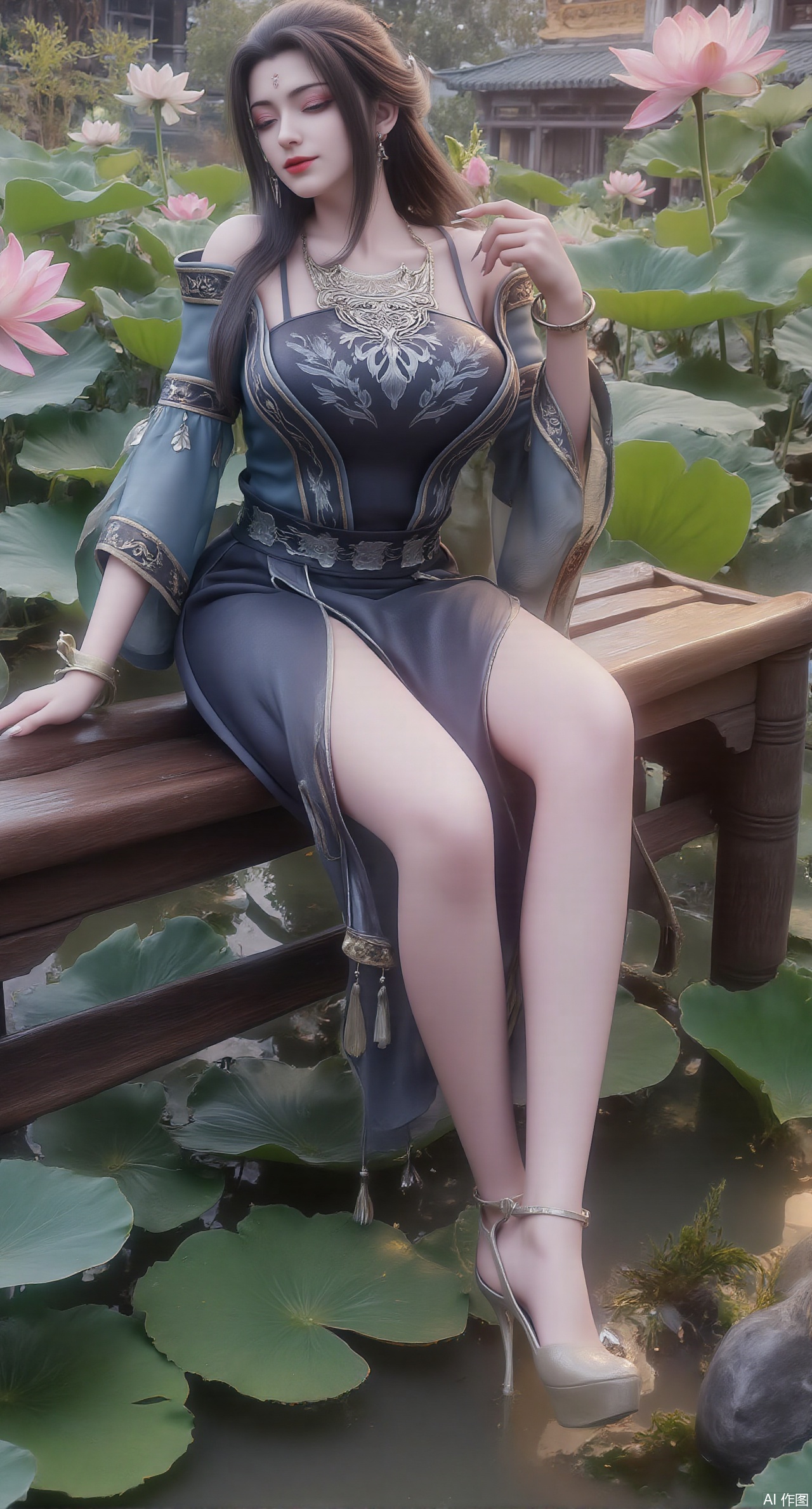 (masterpiece:1.2),best quality,The image is a digital illustration of a young woman sitting on a wooden bench in a pond with lily pads. She is wearing a long dress with design on the chest and sleeves. The dress has a high neckline and short sleeves,Holding a lotus in hand. She has long dark hair styled in loose waves and is wearing gold high heels. The woman is posing with one hand on her hip and the other resting on the edge of the bench. The background is filled with pink and white lotus flowers and green leaves. The overall mood of the image is peaceful and serene,(huge breasts:2.99),(full breasts:2.99),(Background with traditional Chinese architecture,Pond, water lilies:1.39),,XzilingXY3,XlimuwanJCY,XmoxianYK,Xfanlv,XliumeiYK2,XlishaoyingXK2,XxiaobaiYK2,XHhanfududou,XGhibli Hayao Miyazaki animation style,XxiaobaiNZYK2,Xpugongying,XliuqiyueFHK