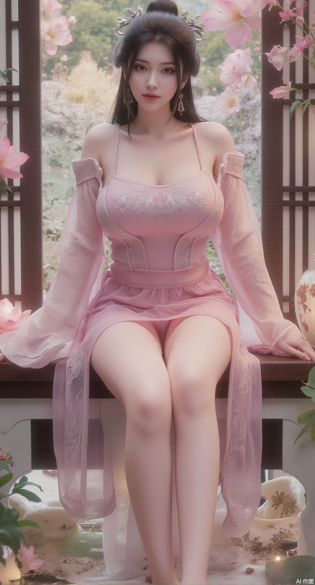  (masterpiece:1.2),best quality, (1girl:1.1), (Lace skirt:1.39), on Stomach,aqua_earrings,Lights, lanterns, chang,(big breasts:2.56),hanfu, Best quality, Realistic, photorealistic, masterpiece, extremely detailed CG unity 8k wallpaper, best illumination, best shadow, huge filesize ,(huge breasts:2.69) incredibly absurdres, absurdres, looking at viewer, transparent, smog, gauze, vase, petals, room, ancient Chinese style, detailed background, wide shot background,
(((black hair))),(Sitting on the lotus pond porch:1.49) ,(A pond full of pink lotus flowers:1.5),close up of 1girl,Hairpins,hair ornament,hair wings,slim,narrow waist,perfect eyes,beautiful perfect face,pleasant smile,perfect female figure,detailed skin,charming,alluring,seductive,erotic,enchanting,delicate pattern,detailed complex and rich exquisite clothing detail,delicate intricate fabrics,Morning Serenade In the gentle morning glow, (a woman in a pink lotus-patterned Hanfu stands in an indoor courtyard:1.36),(Chinese traditional dragon and phoenix embroidered Hanfu:1.3), admiring the tranquil garden scenery. The lotus-patterned Hanfu, embellished with silver-thread embroidery, is softly illuminated by the morning light. The light mint green Hanfu imparts a sense of calm and freshness, adorned with delicate lotus patterns, with a blurred background to enhance the peaceful atmosphere,XzilingXY3,XlimuwanJCY,XmoxianYK,Xfanlv,XliumeiYK2,XlishaoyingXK2,XxiaobaiYK2,XHhanfududou,XGhibli Hayao Miyazaki animation style,XxiaobaiNZYK2,Xpugongying