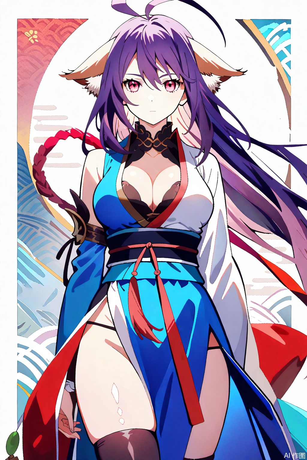 1girl, solo, animal ears, breasts, cleavage, long hair, ahoge, purple hair, japanese clothes, ,expressionless,arms at sides, antenna hair,masterpiece,best quality,official art,extremely detailed CG unity 8k wallpaper,uRandom scene,Thigh exposed,thighhighs,looking at viewer,
