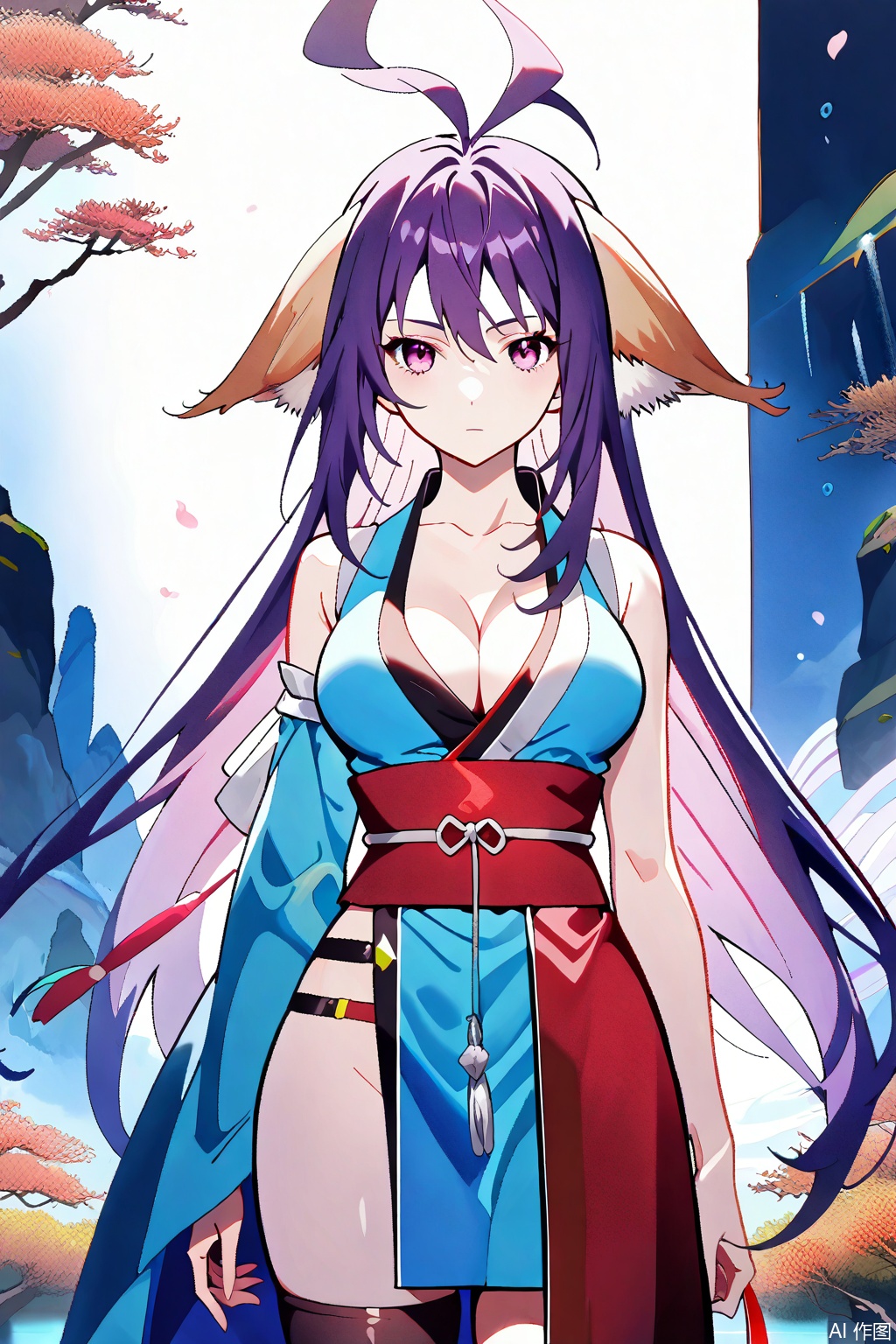 1girl, solo, animal ears, breasts, cleavage, long hair, ahoge, purple hair, japanese clothes, ,expressionless,arms at sides, antenna hair,masterpiece,best quality,official art,extremely detailed CG unity 8k wallpaper,uRandom scene,Thigh exposed,thighhighs,looking at viewer,