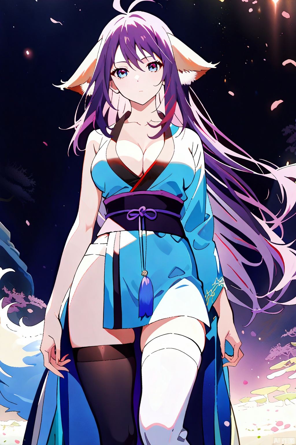 1girl, solo, animal ears, breasts, cleavage, long hair, ahoge, purple hair, japanese clothes, ,expressionless,arms at sides, antenna hair,masterpiece,best quality,official art,extremely detailed CG unity 8k wallpaper,uRandom scene,Thigh exposed,thighhighs,looking at viewer,