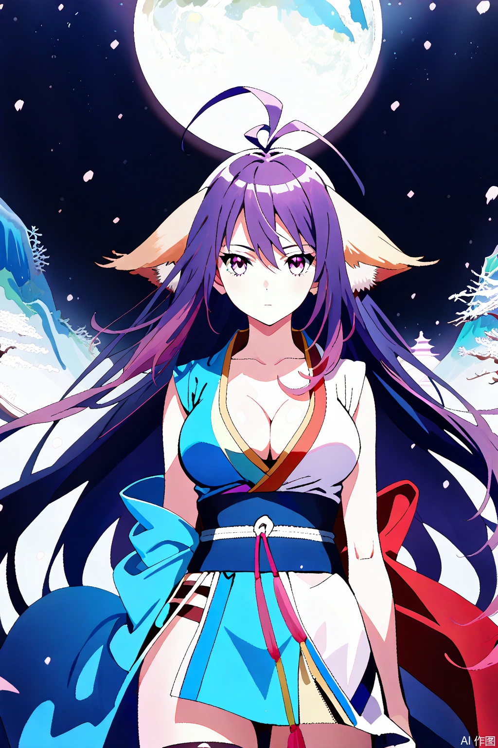 1girl, solo, animal ears, breasts, cleavage, long hair, ahoge, purple hair, japanese clothes, ,expressionless,arms at sides, antenna hair,masterpiece,best quality,official art,extremely detailed CG unity 8k wallpaper,uRandom scene,Thigh exposed,thighhighs,looking at viewer,